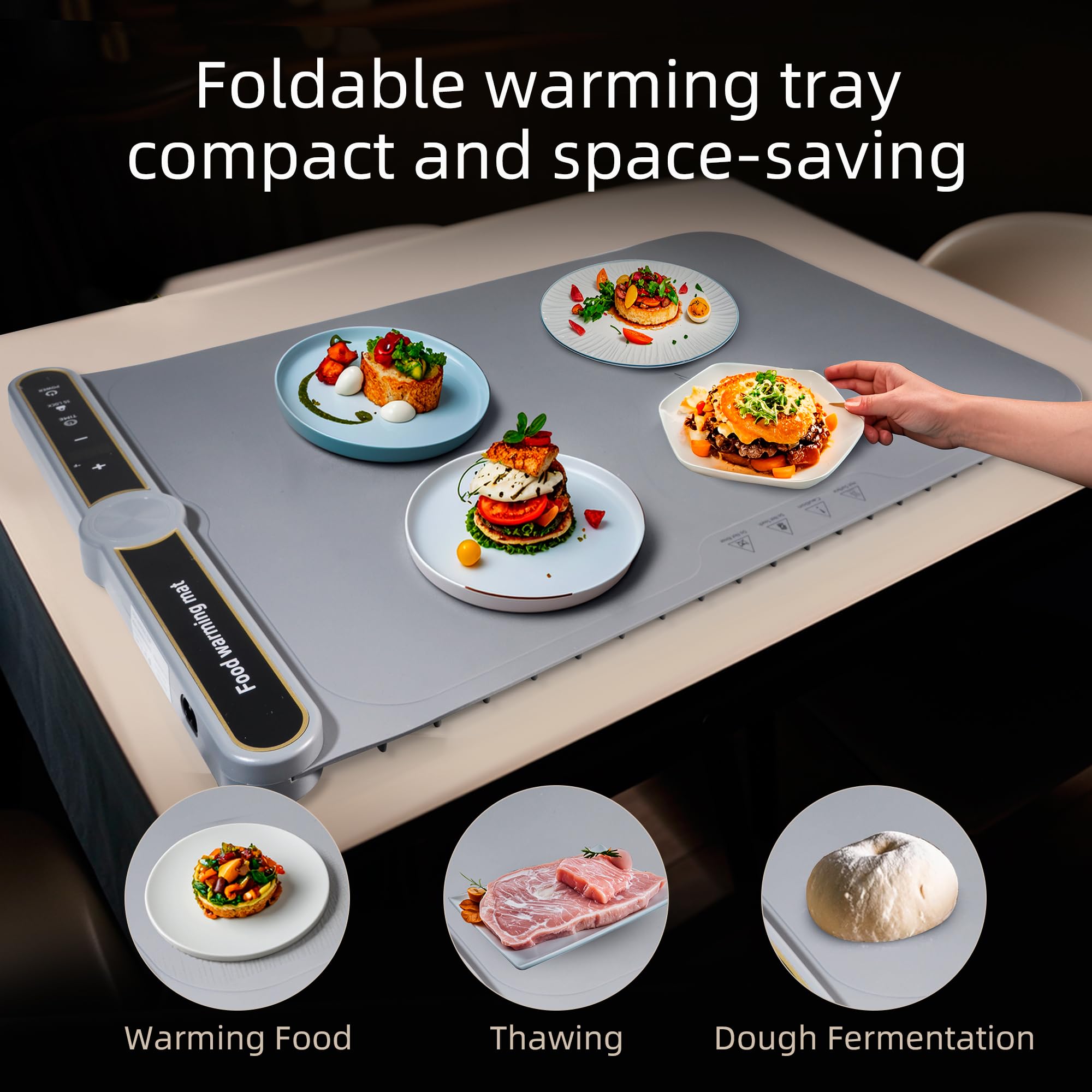 NYEONHRT Warming Mat for Food Extra Large, Portable Roll Up Silicone Food Warmer, 6-Temp Adjustable Electric Food Warming Tray with Auto Shut-Off & Child Lock, for Buffet Party Baby Bottles (Gray XL)