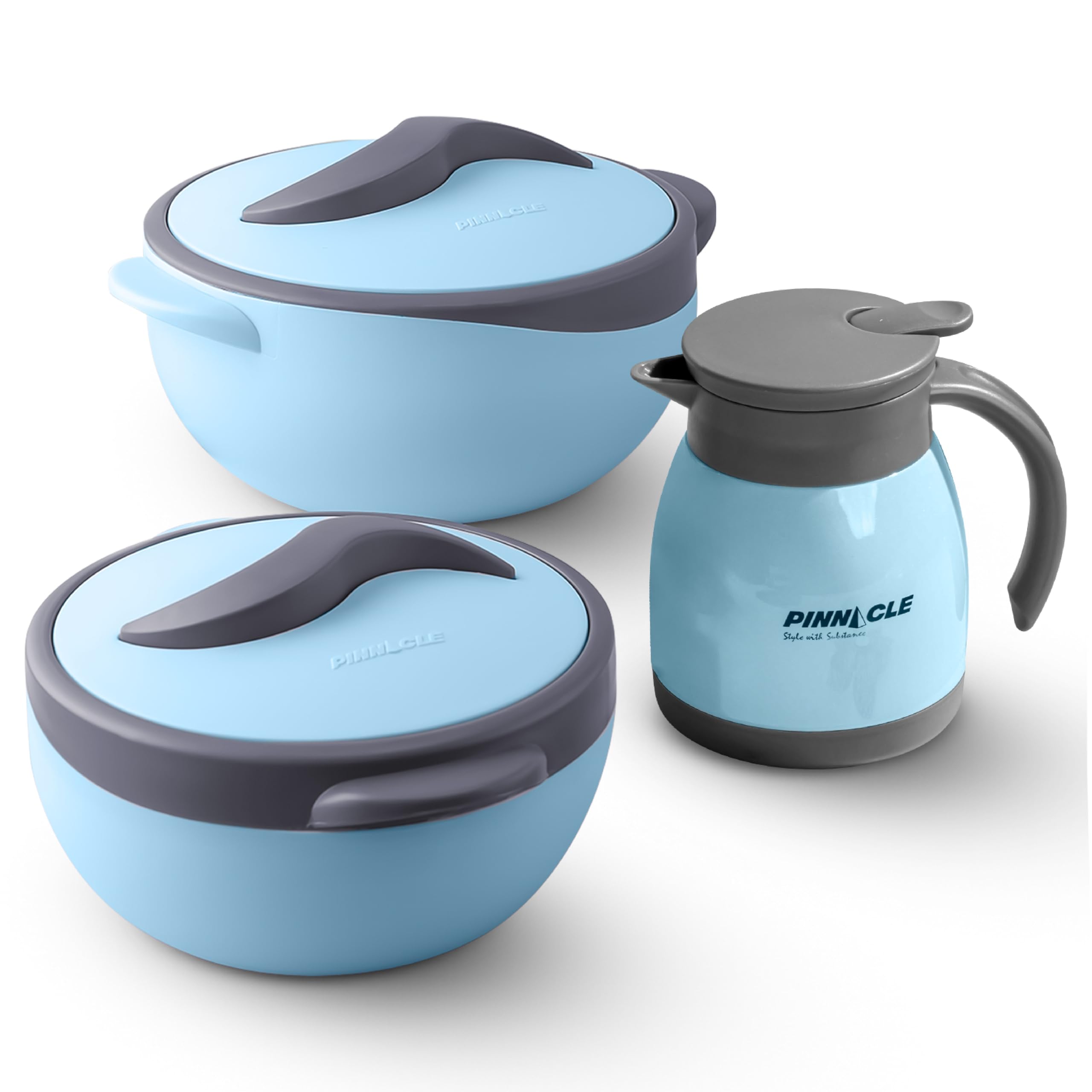 Pinnacle Insulated Casserole & Carafe Gift Set – Stainless Steel, 1000 ML & 1500 ML Casseroles, 500 ML Copper-Coated Carafe – Keeps Food Warm & Drinks Cold for Hours (Sky Blue)