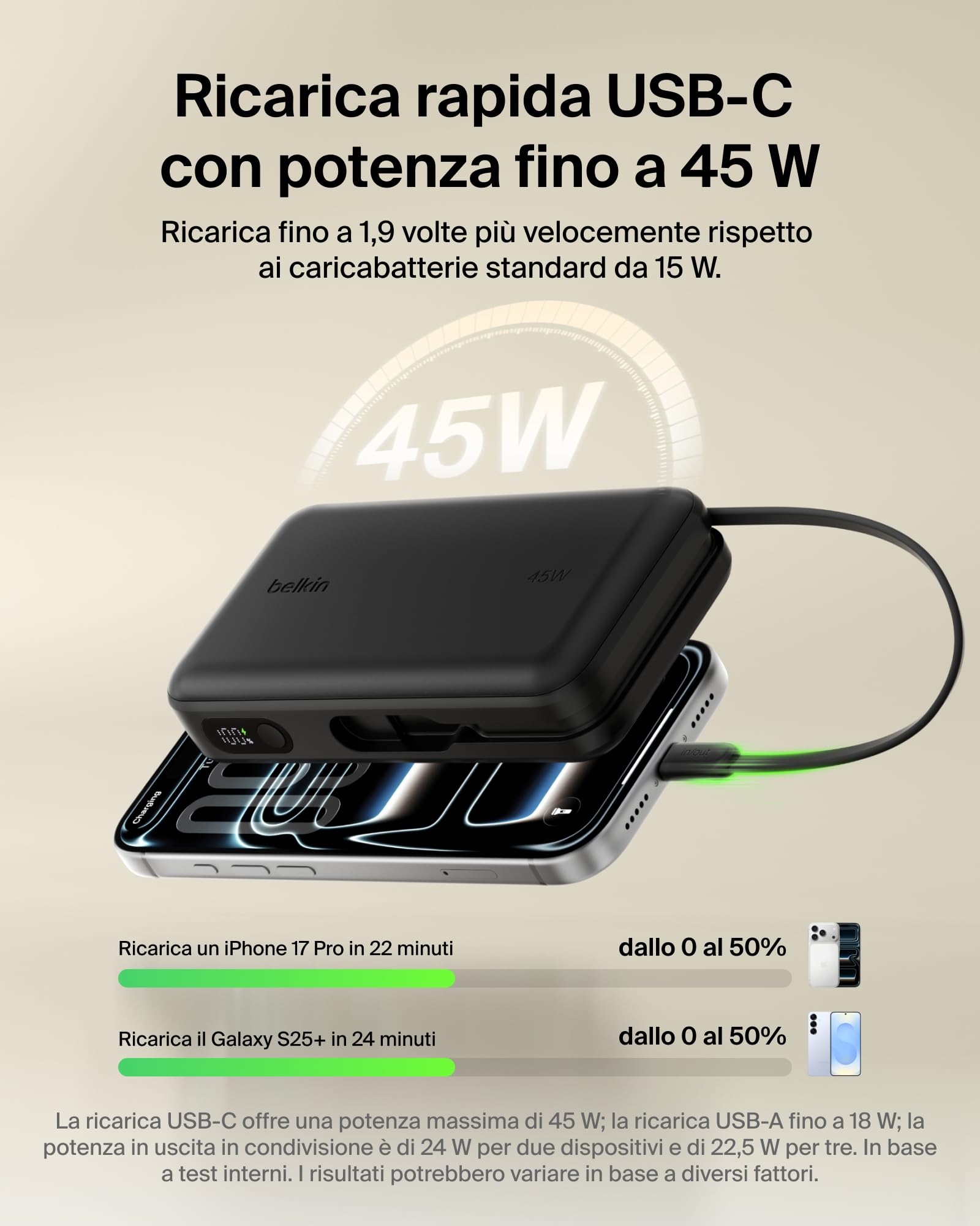 Belkin UltraCharge Power Bank 20000mAh con Cavo USB-C e Display - Nero | Caricatore Portatile 20000mAh, Ricarica 3 dispositivi (1 USB-C, Cavo USB-C Integrato, 1 USB-A), 45W, Pre-Caricato, Display