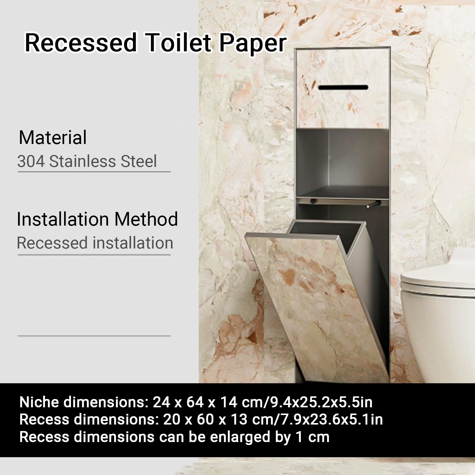 Nicho Oculto para Papel higiénico con Estante y Cubo de Basura, | Con cubo de basura oculto y soporte para papel higiénico,Requiere Panel (no Incluido),para reformas de Pared(Nero,24*64*14cm)