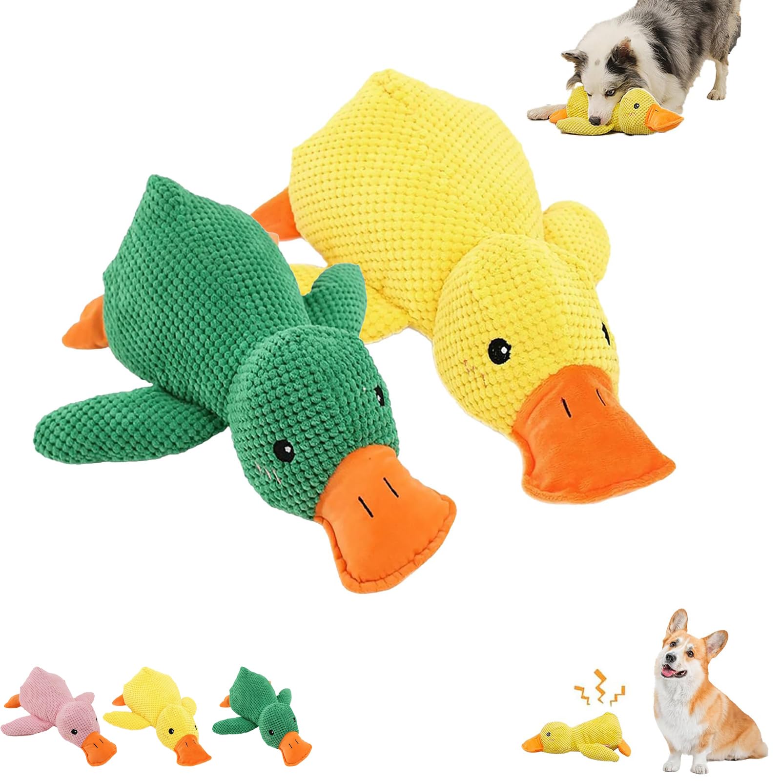 Calming Duck Quack-Quack Duck Dog Toy,Interactive Dog Toys For Aggressive Chewers,Interactive Play, Firm, Soft, Crinkly, for Small to Large (Yellow+Green)
