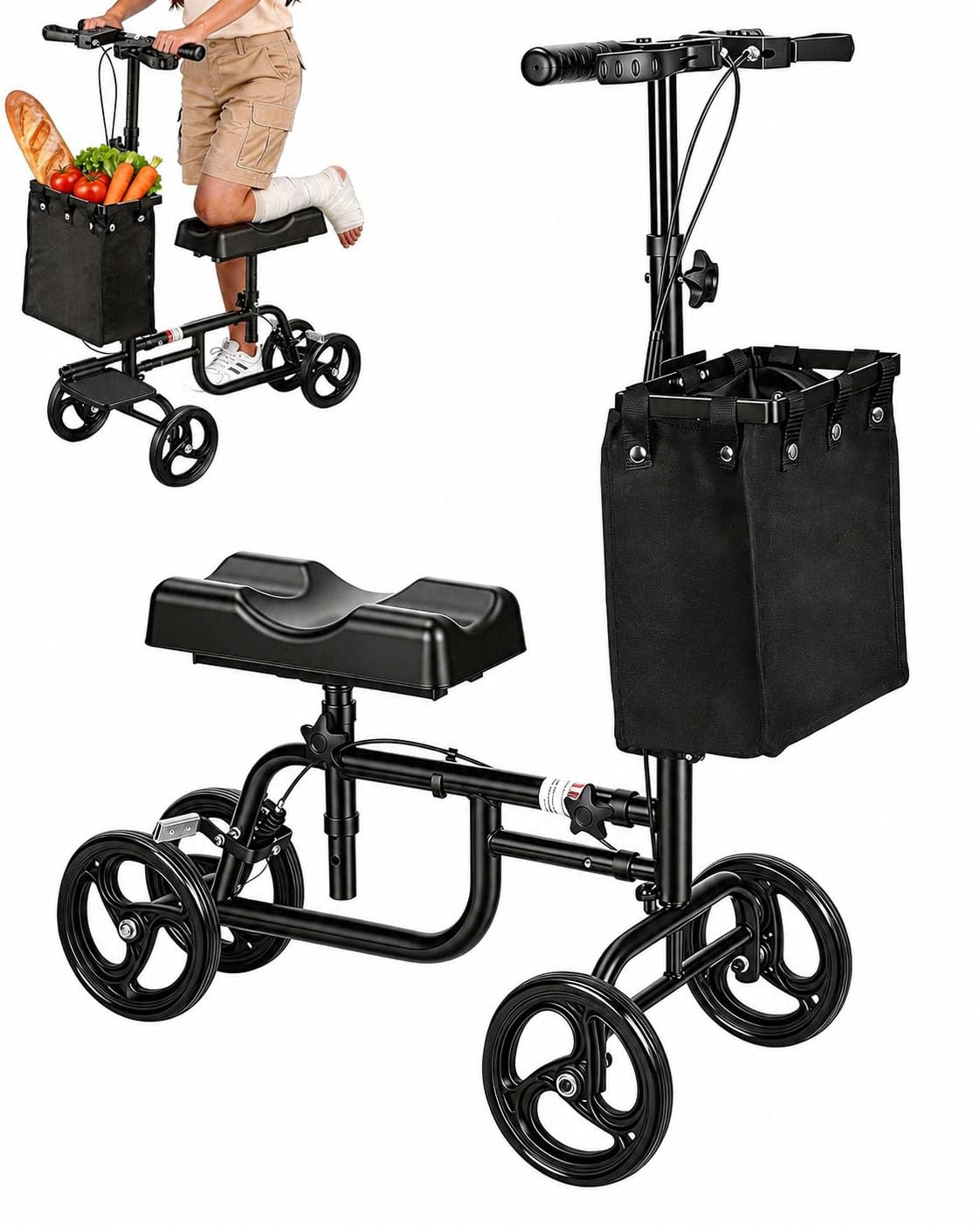 Deambulatore per Ginocchio, Scooter Regolabile per Ginocchio per Anziani Pieghevole per Adulti con Borsa per Il Trasporto Stampelle Accessori Ammortizzazione Sostituisce la Deambulazione