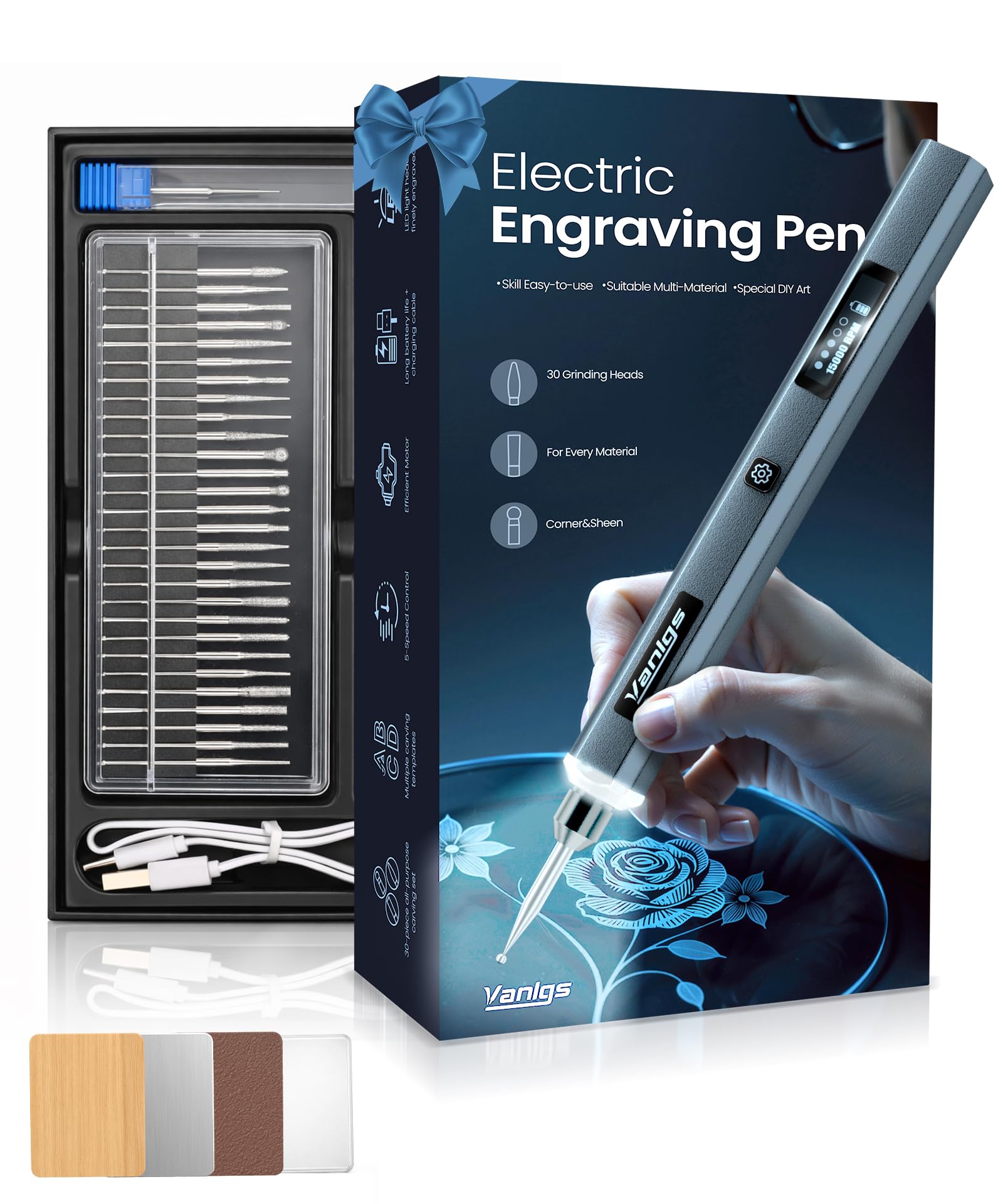 Vanlgs Engraving Pen for Metal Wood Glass Plastic, Engraving Tool with LED Light, 31 Bits, Cordless, 5 Speeds, Rechargeable, Engraver Kit Craft Easter Gifts for for Teens Adults Beginner