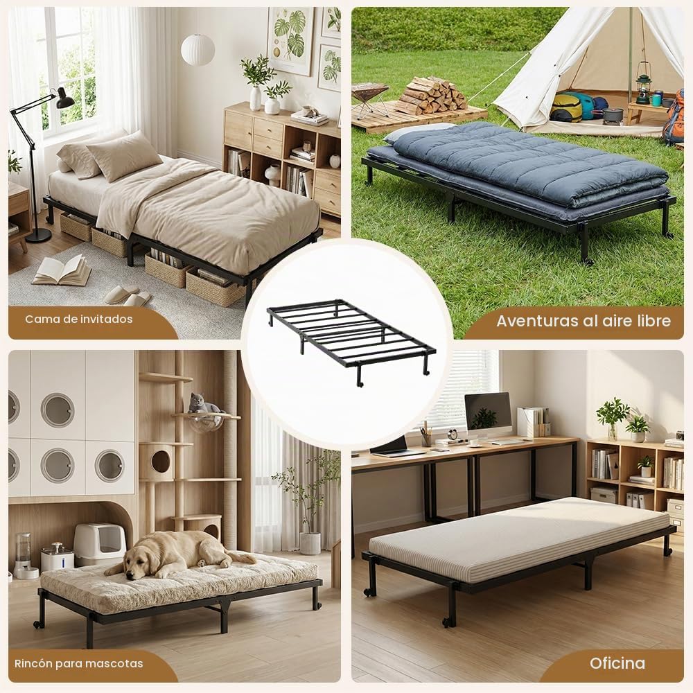 Cama Plegable para 1 Persona de Metal, Marco de Cama Individual, 90 x 190 cm, Marco de Cama Plegable con 4 Ruedas, Negro