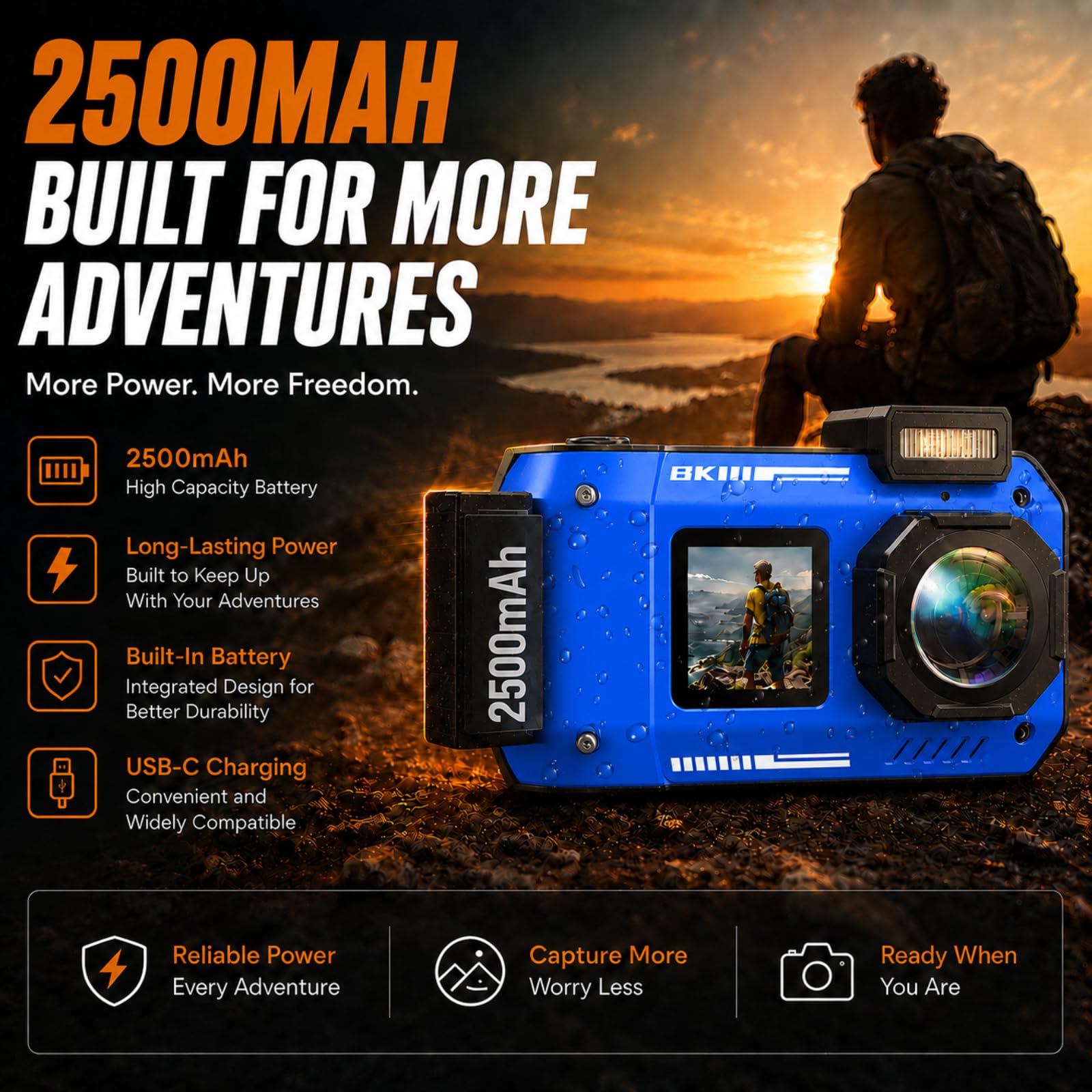 MaxMango D50 33FT Cámara Digital Impermeable, 8K 70MP Cámara Acuática con 16 GB, Cámara de Fotos con 2.88" Doble Pantalla 18x, Resistente al Polvo y a los Golpes, Autofocus - Azul
