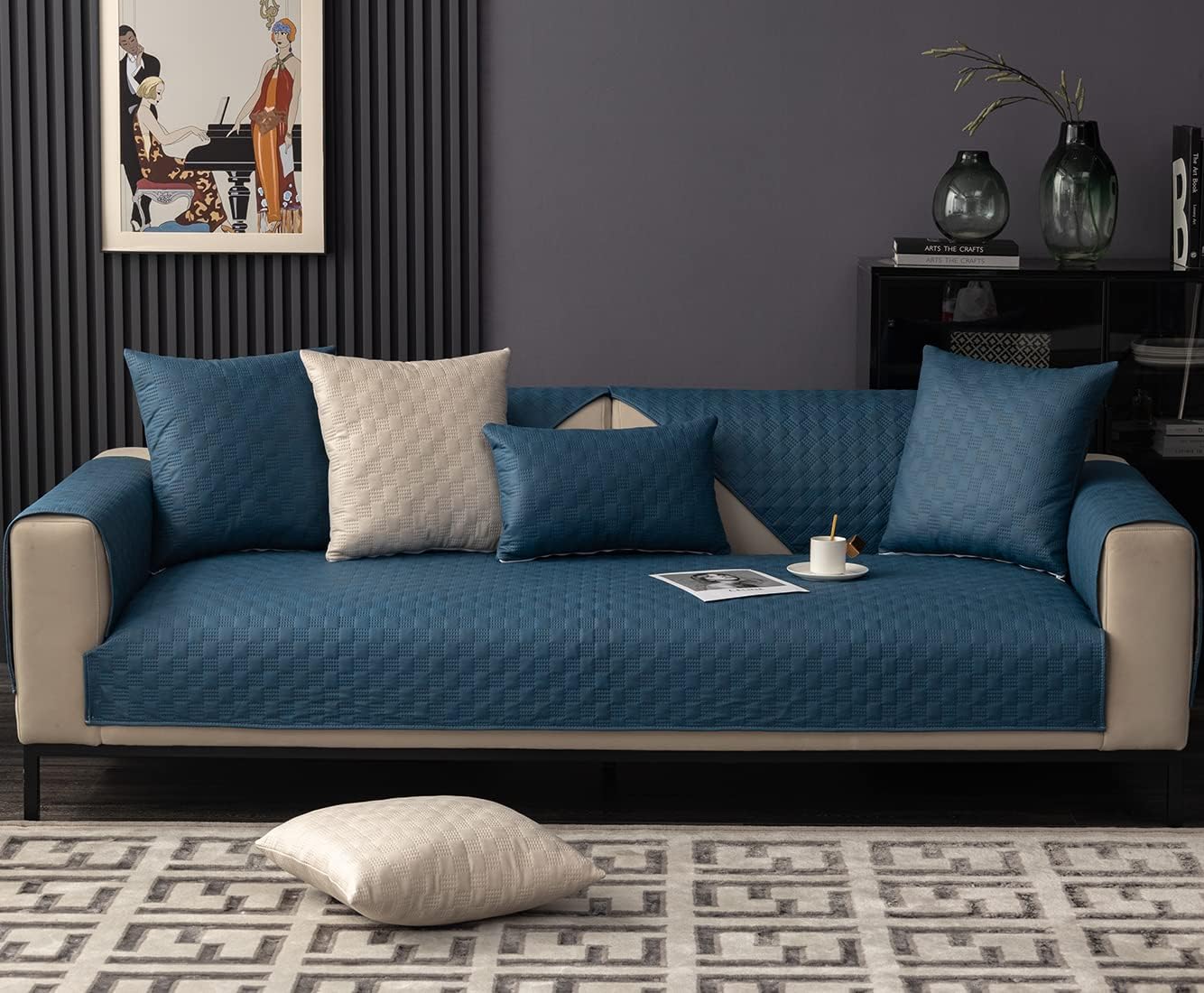 vctops Luxury Water Resistant Quilted Sofa Cover Faux Suede Plaid Sectional Couch Cover Anti-Slip Sofa Slipcover for Dogs, Children, Pets Furniture Protector (Dark Blue,43"x43")