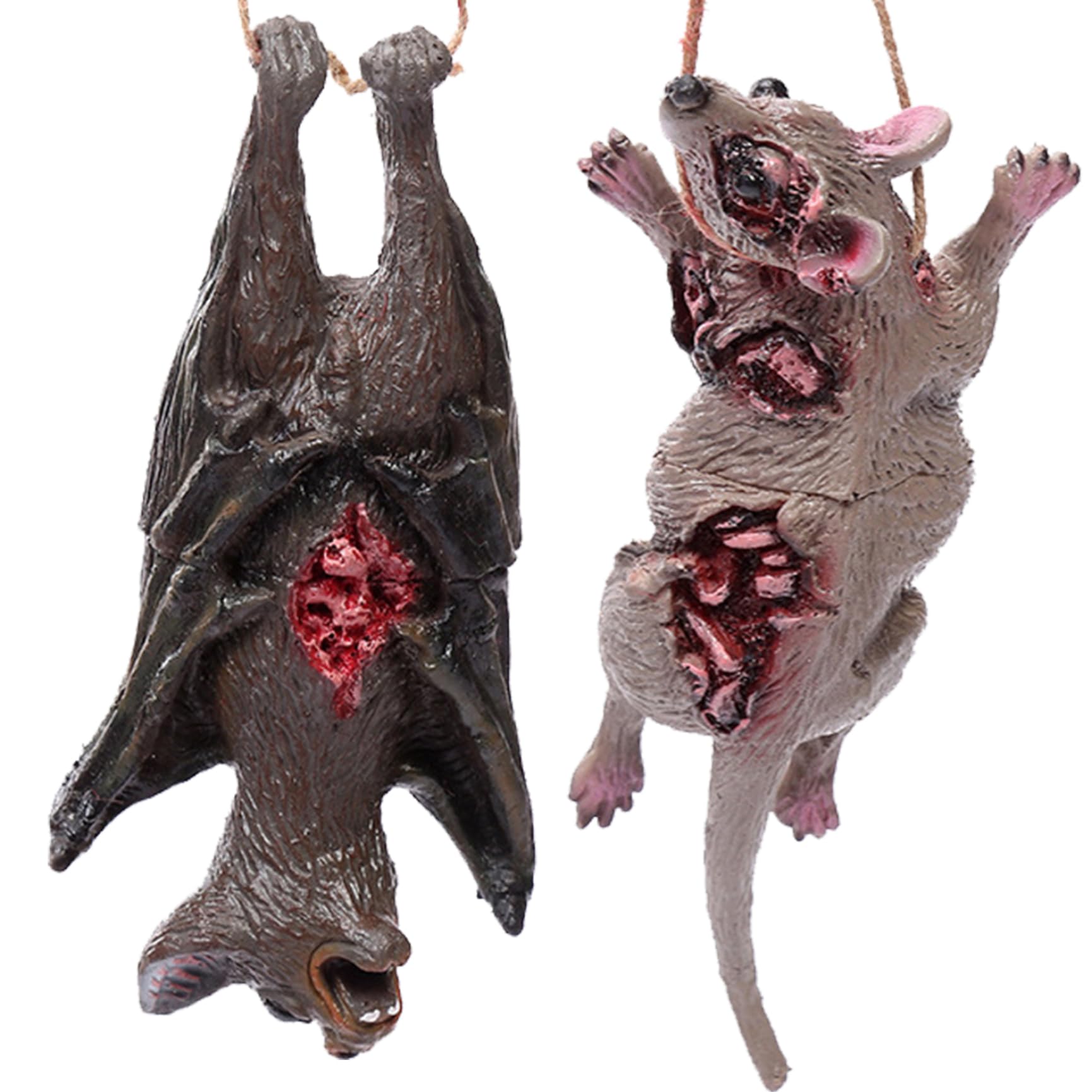Lcarege Realistic Rat and Bats for Scary Halloween Decorations 2PCS/Set Hanging Spooky Halloween Bats Horror Rat Prank Prop with Bloody Scar for Haunted House Supplies
