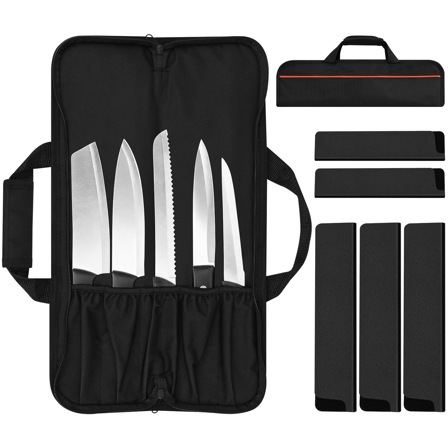 Chef Knife Roll Bag with 5pcs Knife Edge Guards, Portable Knife Storage Bag with 5 Slots, for Home, Traveling, Camping (Knives Not Included)
