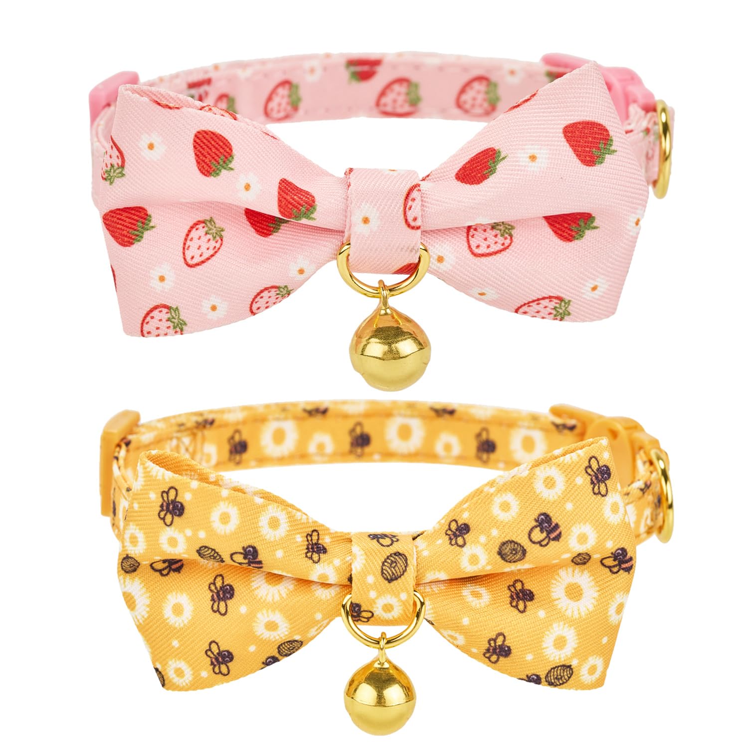 YUDOTE Cat Collar with Bow Tie & Bell, 2 Pack Breakaway Kitten Collars - Pink Strawberry & Yellow Bee, Adjustable Safety Buckle for Cats(Staw Bee)