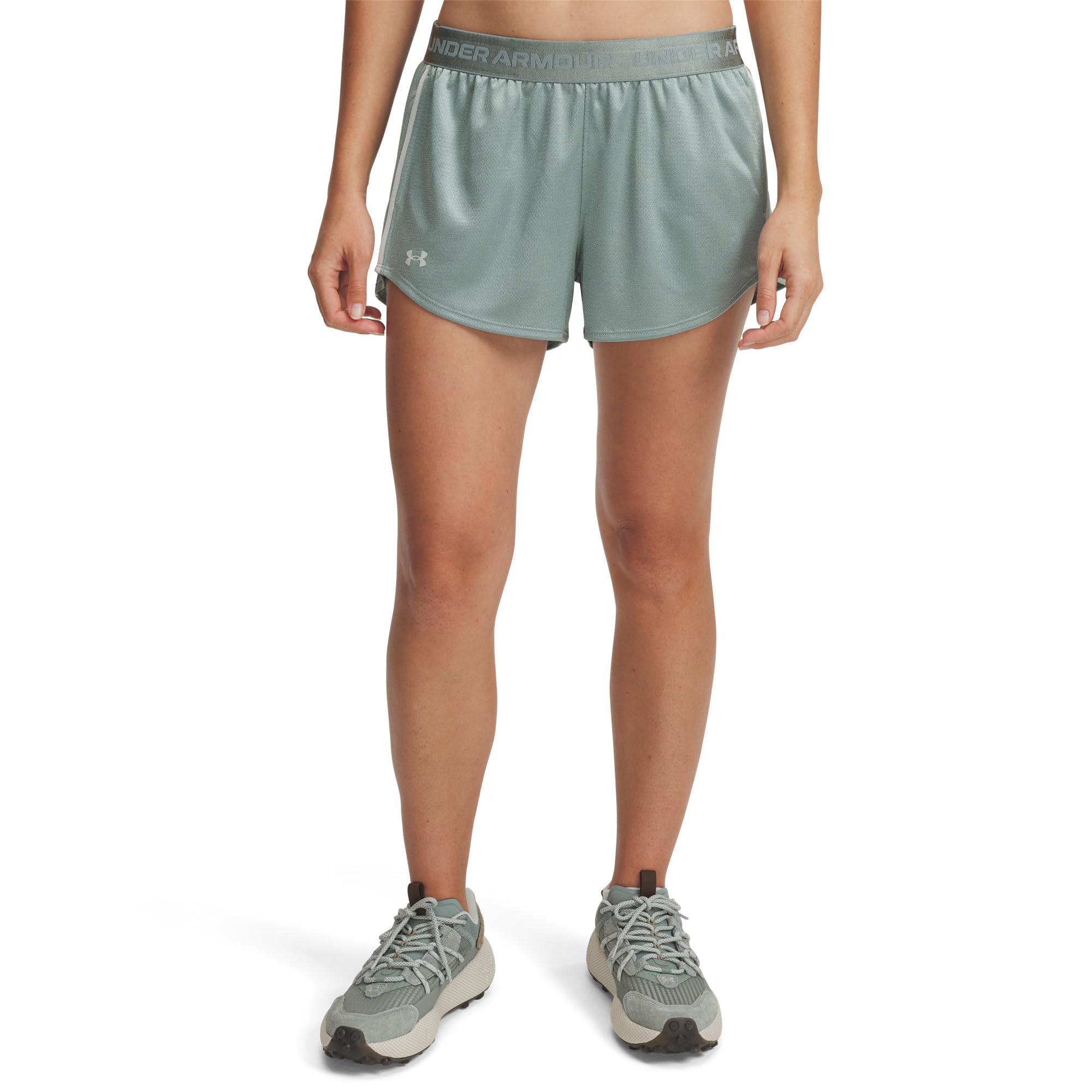 Under Armour - Womens Tech Play Up Shine Shorts, Color Silica Green (348), Size: X-Small