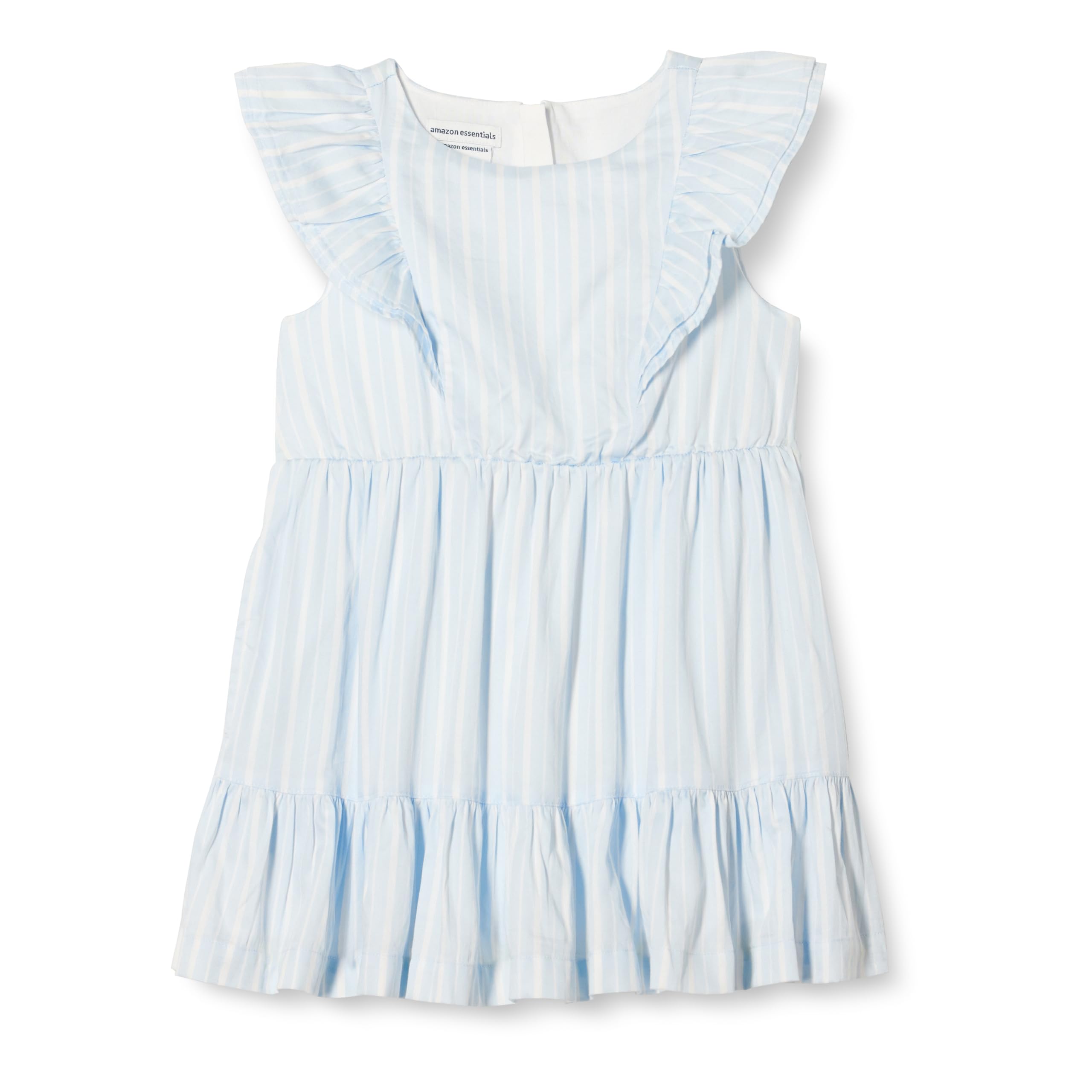 Amazon Essentials Girls' Ruffled Woven Dress, Light Blue Stripes, 9 Years