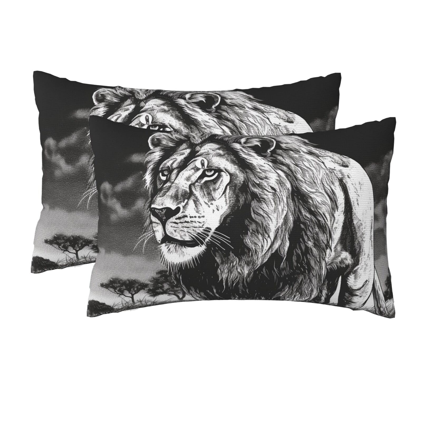 2 Pack Queen Size Pillow Cases for Hair and Skin Soft Breathable Pillow Case Covers with Hidden Zipper Lion Black White Illustration Pillowcase 20x30 Inches Pillow Cover for Sleeping Gift