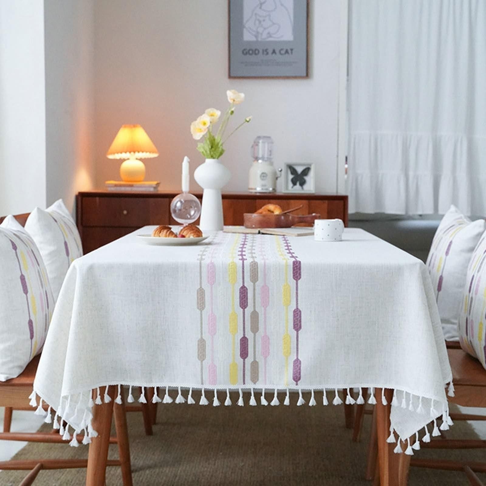 Mantel lavable, 140 x 220 cm, aspecto de lino, mantel bordado rectangular, color rosa y lila, efecto loto, con borlas para exteriores, mesa de jardín, mesa de comedor, fiesta, cumpleaños