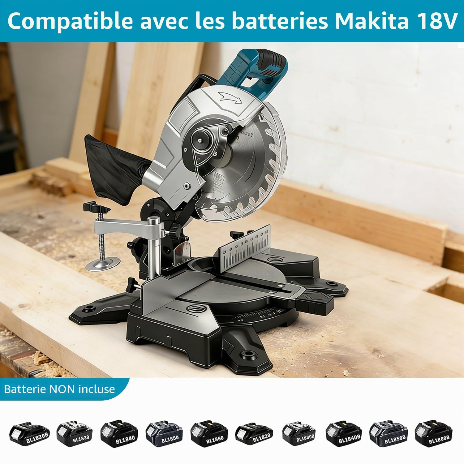 Scie à Onglet Coulissante pour Makita Batterie, Scie à Onglet Sans Fil Professionnelle, Plateau de Table en Aluminium Moulé Sous Pression, Coupe Biseautée de 0 à 45°, Lame de Scie Ø210mm