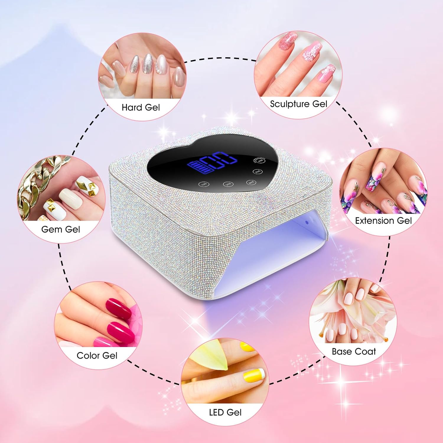 VINGVO Cordless UV Nail Lamp for Gel Nails, 72W Professional Cordless Nail Lamp, Adjustable Brightness, Fast Curing, Portable LED Gel Nail Curing Dryer with Rhinestone for Salon or Home