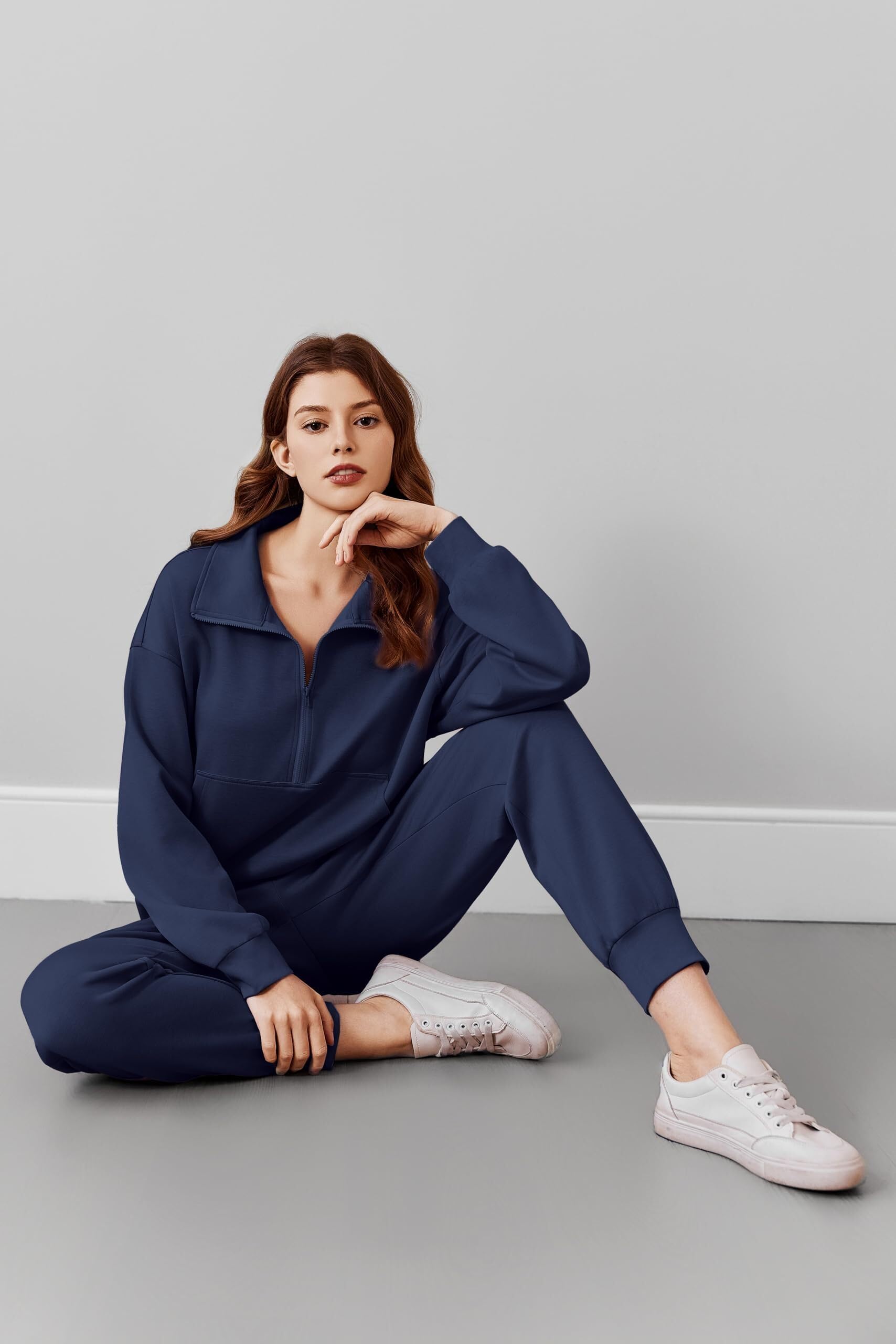 PINSPARK Conjunto de chándal para mujer chándal de dos piezas con media cremallera y manga larga traje de ocio chándal deportivo de color liso