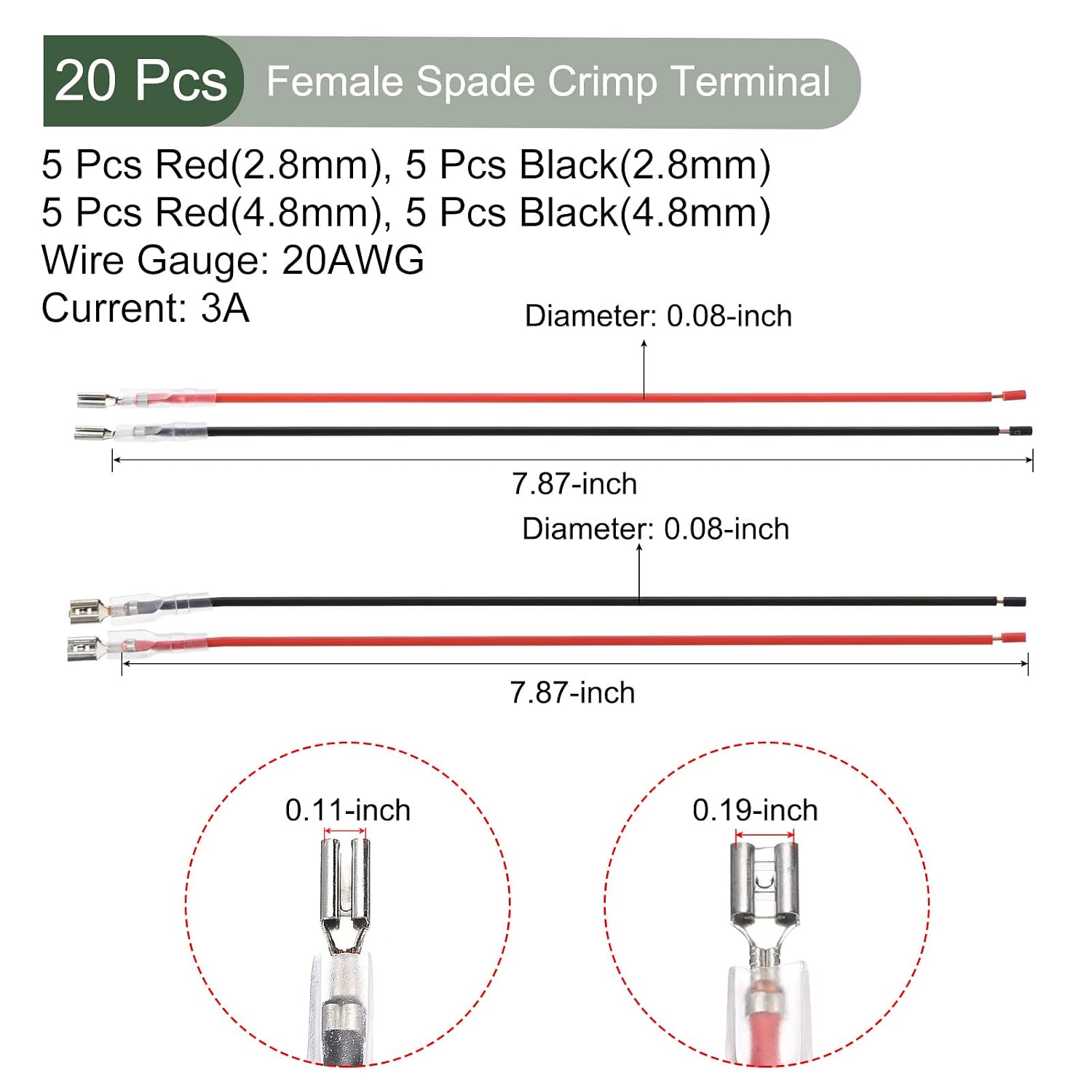 YOKIVE 20 Pcs Female Spade Crimp Terminal, Home Wire Connector with Insulating Sleeve Connect Cable Great for Kitchen, Office (Black&Red,0.11-Inch&0.19-Inch)