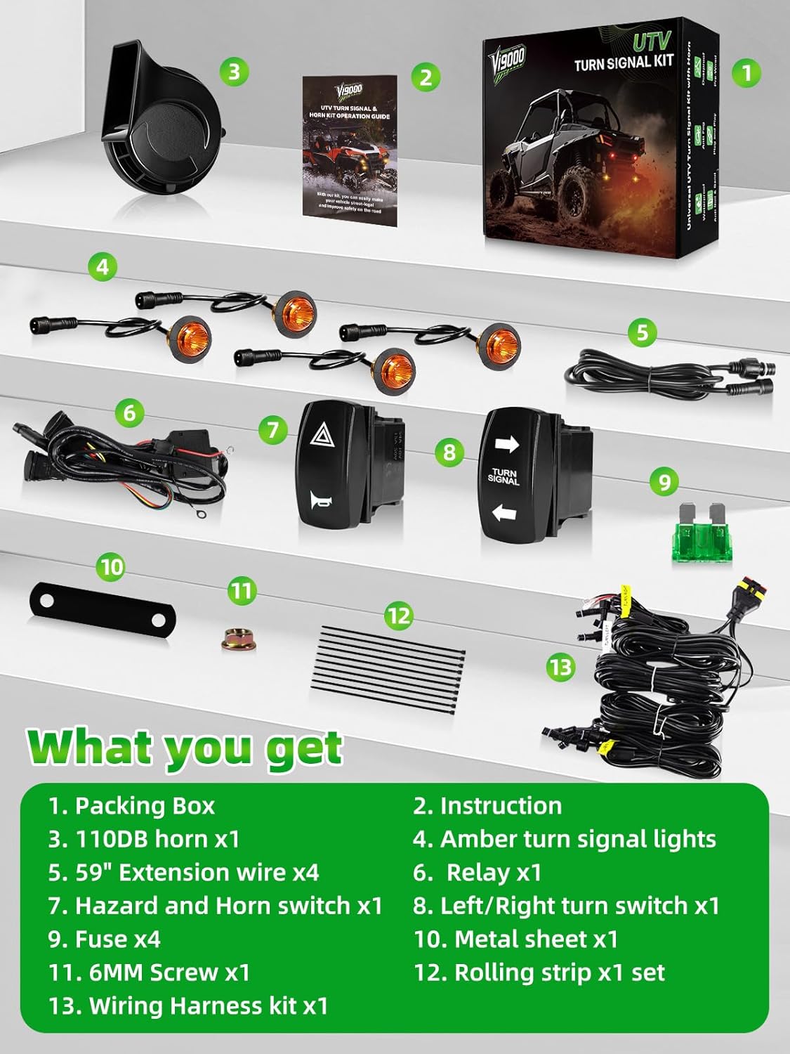 UTV Turn Signal Kit, Pre-Wired, Plug and Play Universal Street Legal UTV Blinker Kits with Rocker Switch, Hazard Light, 110dB Horn, Compatible with Polaris, Can-Am - 4Pods Amber Lights