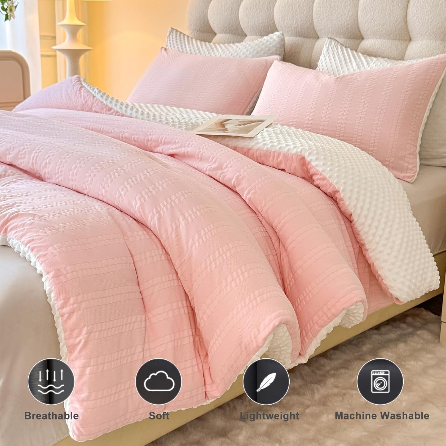 Boho Comforter Set Full Size Striped Pleats Bohemian Seersucker Bedding Set All Season Soft Cozy 3 Pieces Quilt with 2 Pillowcases(80"X90" Blush Pink) - Image 4
