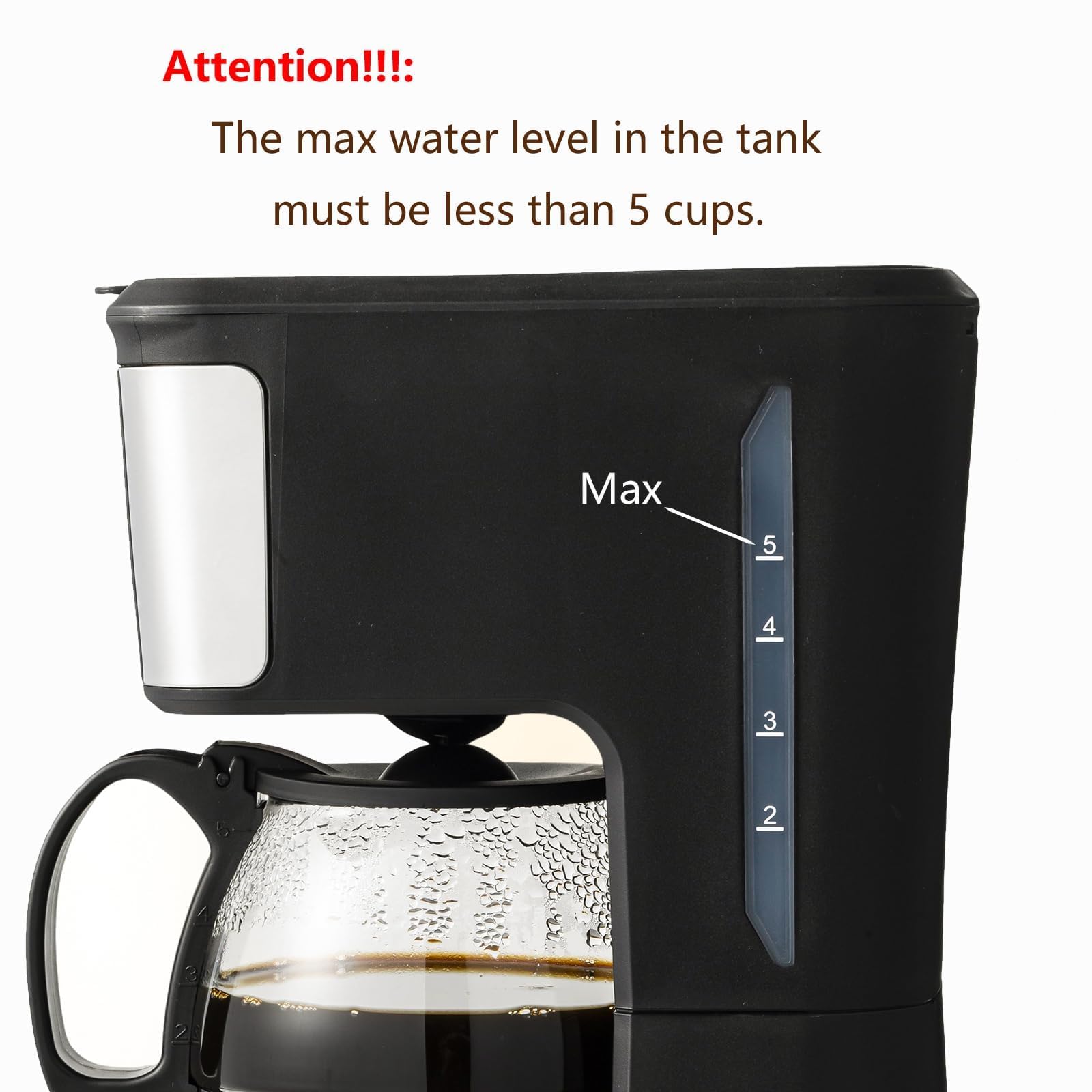 Nehilumn 5-Cup Programmable Coffee Maker - Reusable Filter, Clear Water Level Indicator, Auto Shut- Off, Black &Stainless Steel Coffee Pot — view 6