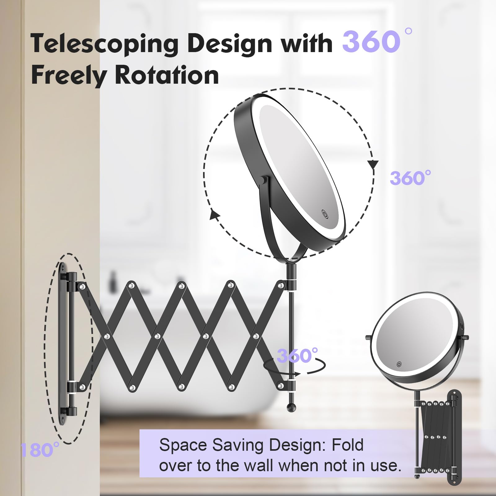 FUNTOUCH 4000mAh Wiederaufladbar Kosmetikspiegel mit 1X/30X Vergrößerung | 3 Farben Beleuchtung, Verlängerter Arm Schminkspiegel, 360° Drehbar Wandspiegel für Badezimmer und Hotel (Schwarz)