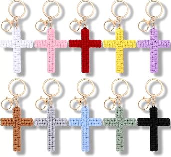 Nosiny 10 Colors Macrame Cross Keychain Bulk Set Crochet Religious Jesus Key Chain Christian Accessories Handmade Cotton Cross Pendant Boho Charms for Backpack Car Keychain Decor Back to school Gift