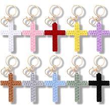 Nosiny 10 Colors Macrame Cross Keychain Bulk Set Crochet Religious Jesus Key Chain Christian Accessories Handmade Cotton Cross Pendant Boho Charms for Backpack Car Keychain Decor Back to school Gift