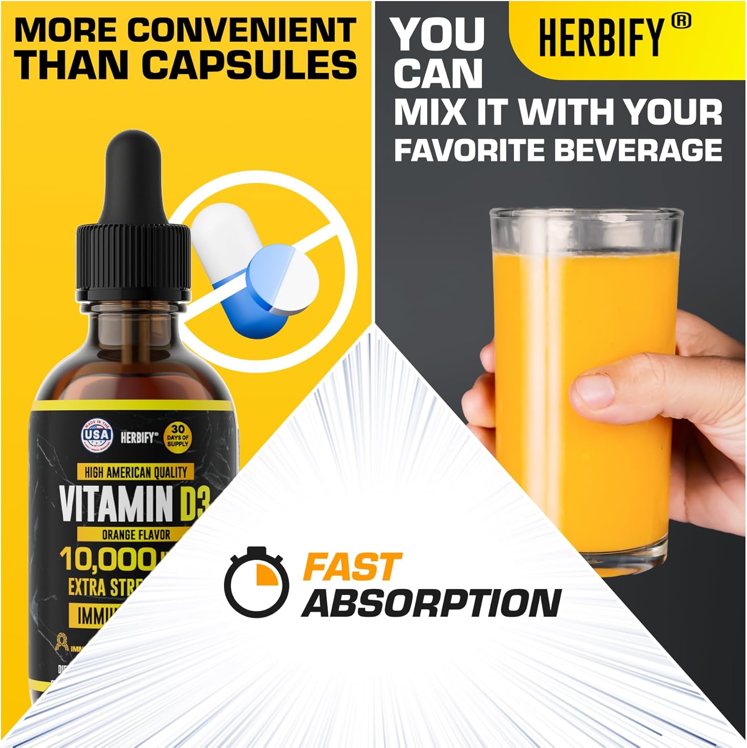 HERBIFY Vitamin D3 10000 IU - Made in USA Liquid Vitamin D Drops - Bone Strength and Immune Support Supplement - Sunshine Replacement - D3 Vitamin Bone and Teeth Supplement - 30 Days Supply - 2 Oz - Image 5