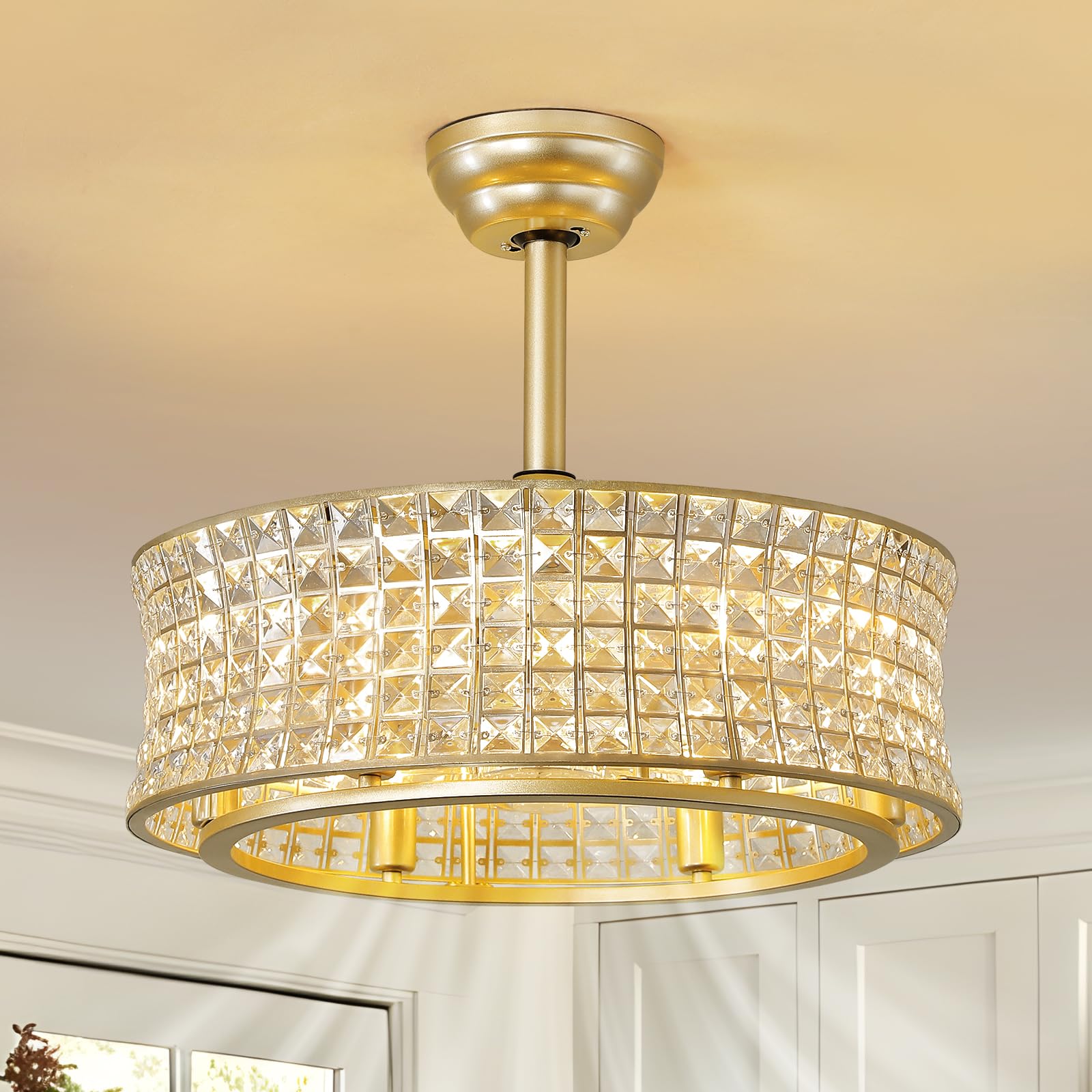 Photo 1 of WOSHITU Crystal Caged Ceiling Fan - 20" Gold Fandelier with Remote