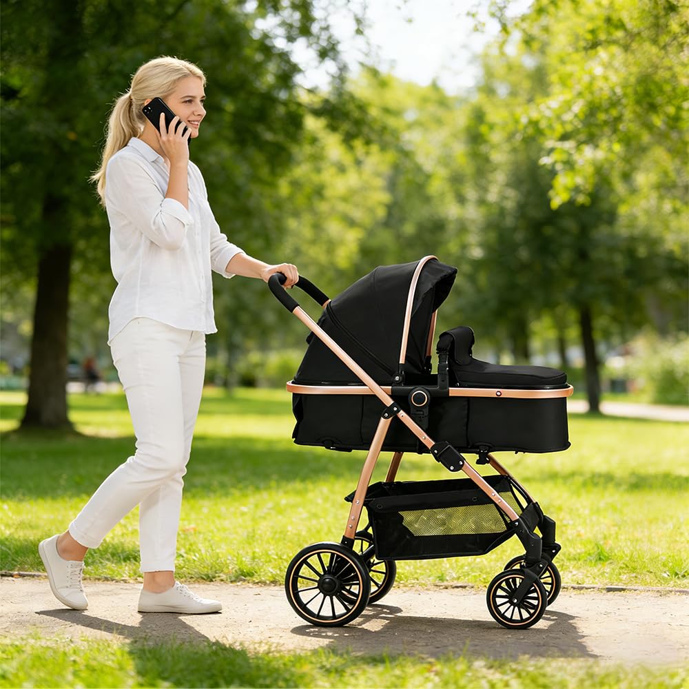 Poussette 3 en 1,Haute Vue Poussette Bebe Pliante,Voyage Pour Bébé 0 à 4ans | Panier de couchage panier 2 en 1, siège amovible, Auvent pliant