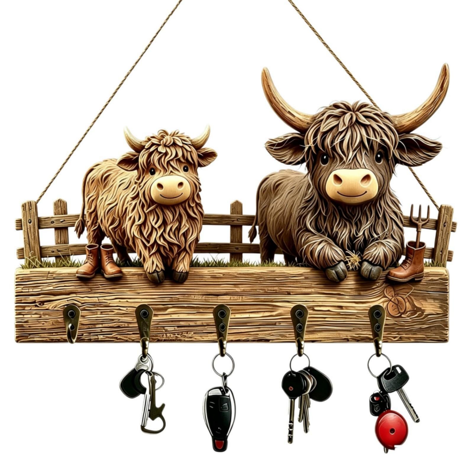 2D Cow-shaped Wooden Acrylic Keys Rack With 5 Hooks,Key Holder For Wall,Decorative Rack,Key Storage Ornament,Wooden Keys Holder For Wall,Rustic Farmhouse Entryway Decor, For Keys, Coats, And Towels