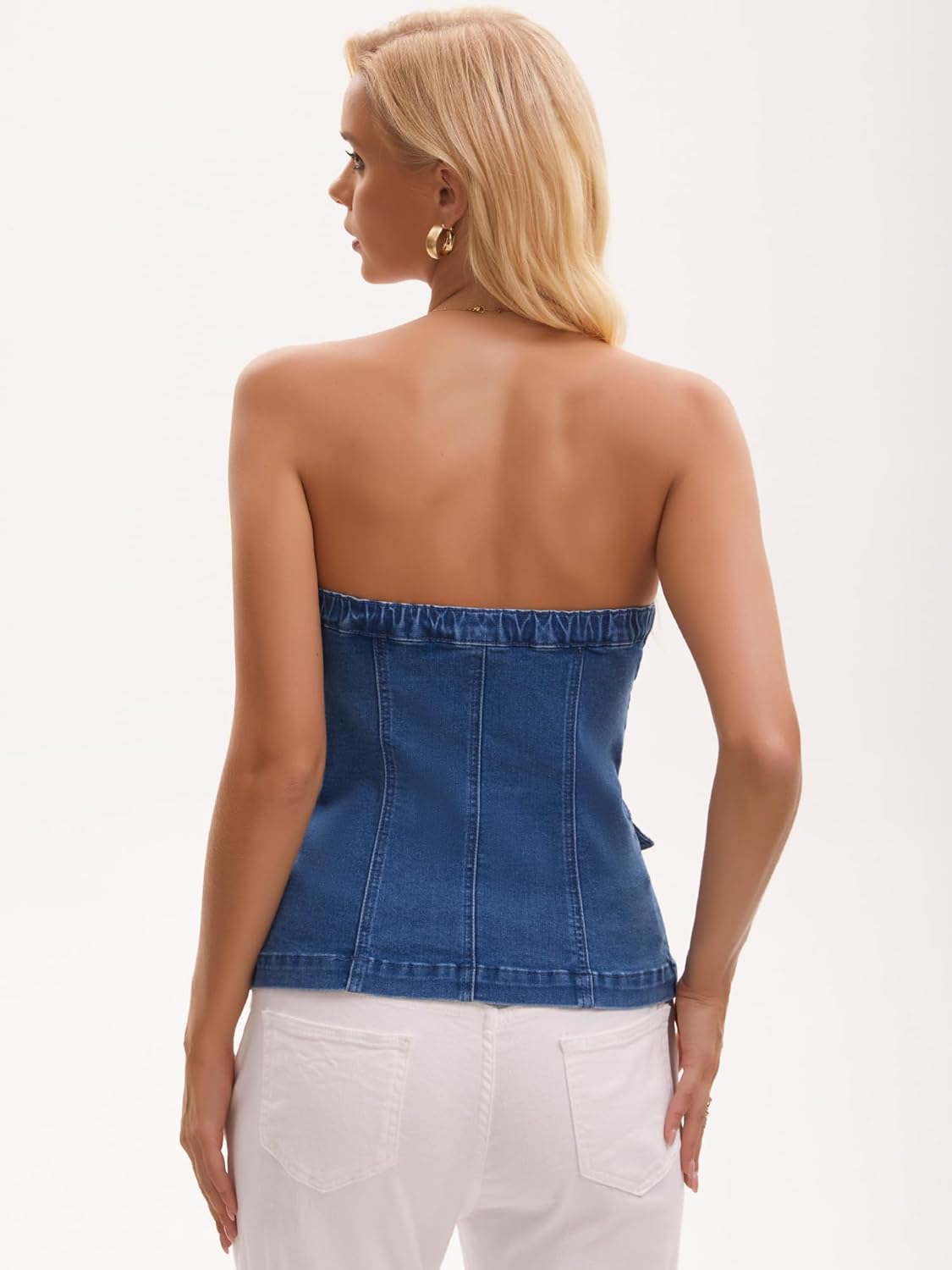Women's Denim Tube Tops Button Front Elastic Back Crop Strapless Bandeau Top - Image 4