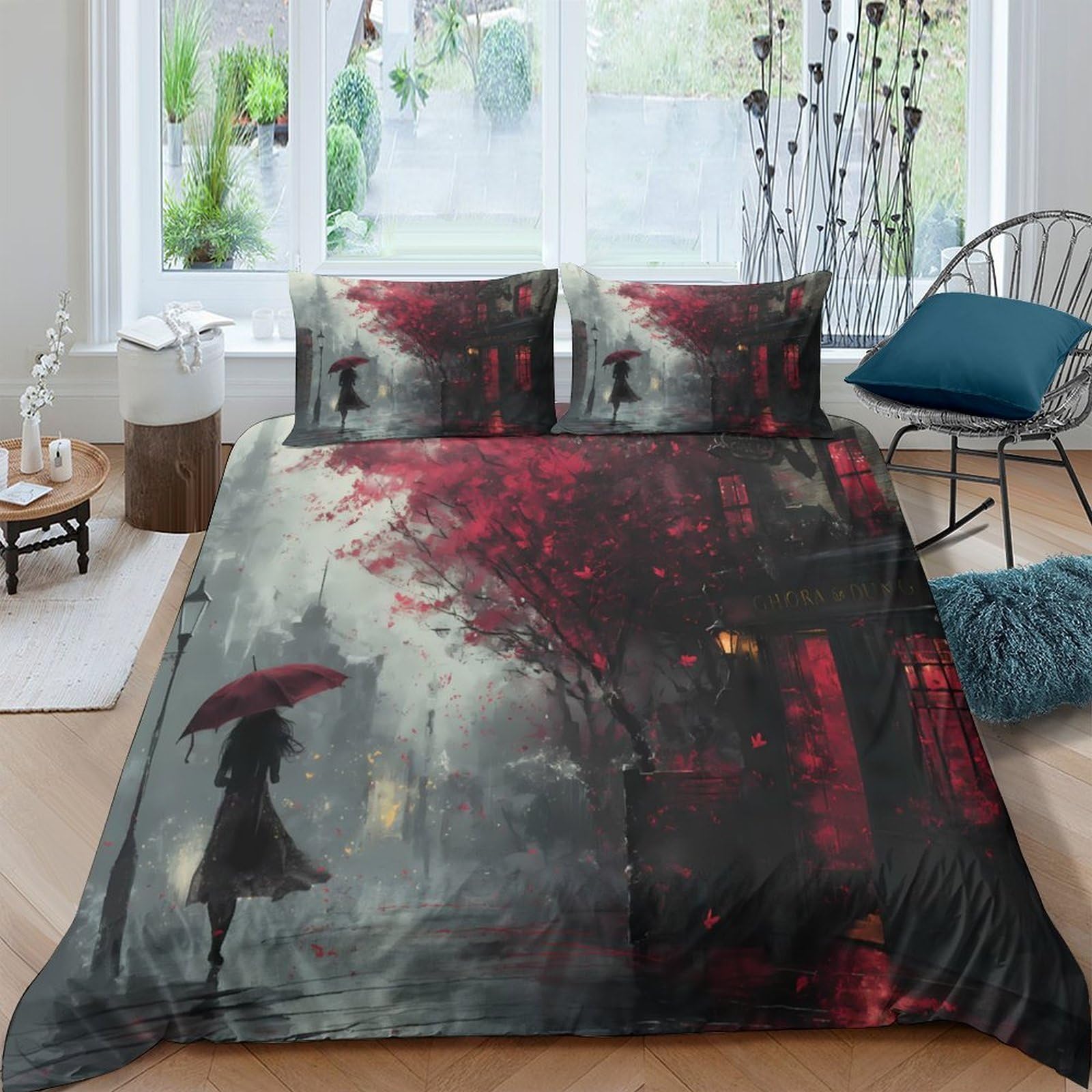 Ctjqhvkz Style-9 3D Printed Red Umbrella Rainy Street Fitted Sheet Microfiber Soft Bed Cover For Bedroom Dorm Mattress Decor Single（135X200cm）