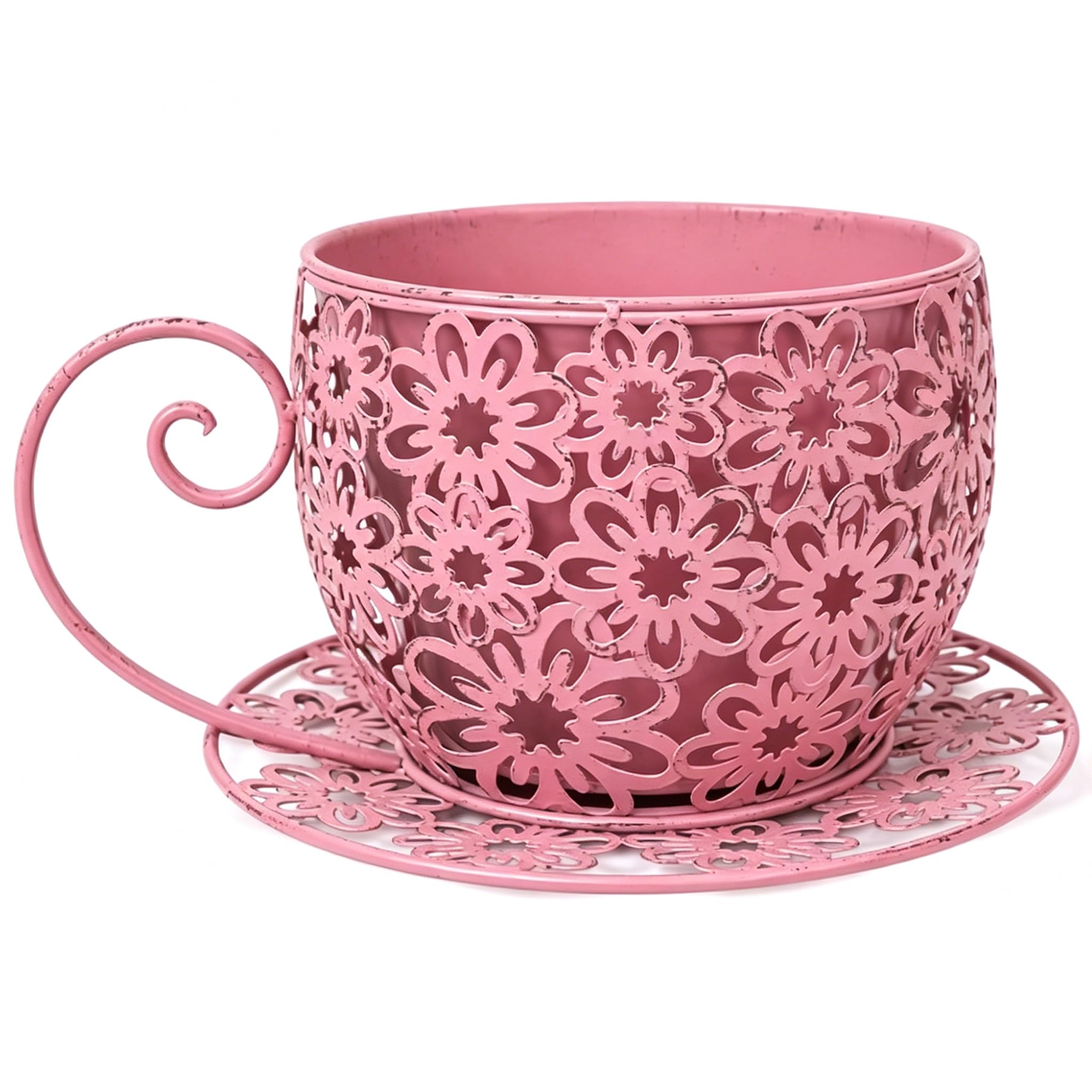 Striegro Teacup Planter, Cute Metal Succulent Pot Retro Floral Hollow Planter Dual-Function Indoor Outdoor Decor..