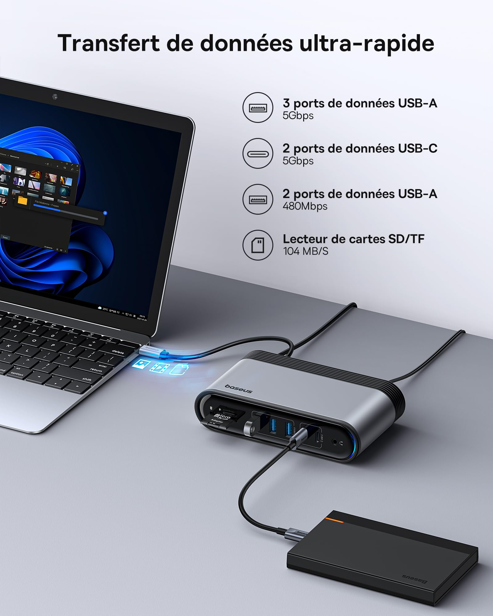 Baseus Station d'acceuil USB C 3 Moniteur 4K@60Hz [17 en 1] Hub Adaptateur avec 2 HDMI, DisplayPort, 3 USB-A 3.0 5Gbps, 2 USB-C 3.0, PD 100W, Gigabit Ethernet pour HP/Lenovo/Dell/MacBook/Surface
