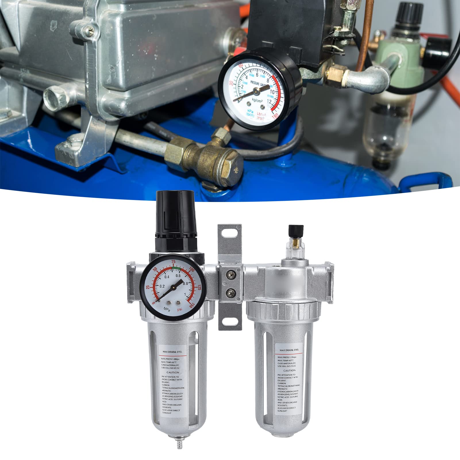Kit combiné de régulateur de filtre à air comprimé avec manomètre et séparateur d'eau pour compresseurs d'air industriels, lot de 2 construction en alliage d'aluminium (SFC200)