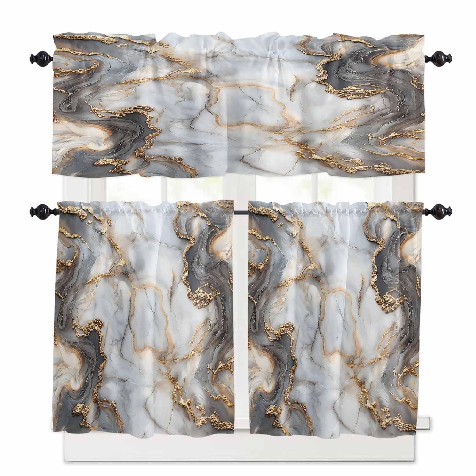 Marble White Gold Kitchen Curtains 36 Inch Length, 3 Piece Rod Pocket Small Half Tiers and Valance Set, Abstract Modern Geometric Printed Small Large Window Treatment Decor for Bedroom/Bathroom Sink