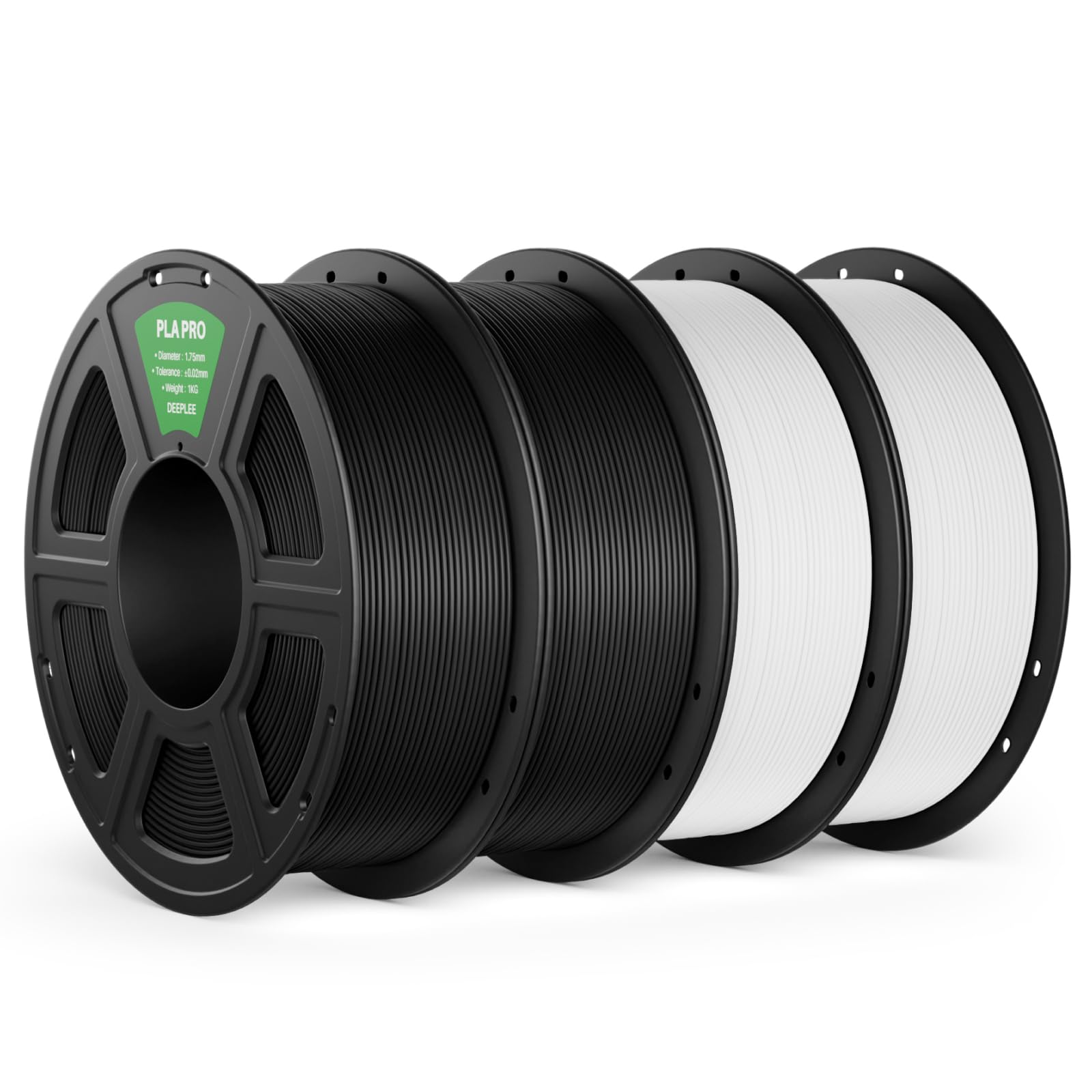 DEEPLEE PLA Pro Filament 1,75 mm, 2 czarny i 2 biały, zestaw 4 x 1 kg | Wysoka wytrzymałość, łatwe drukowanie, dokładność ± 0,02 mm, niskie zatykanie, kompatybilne z FDM