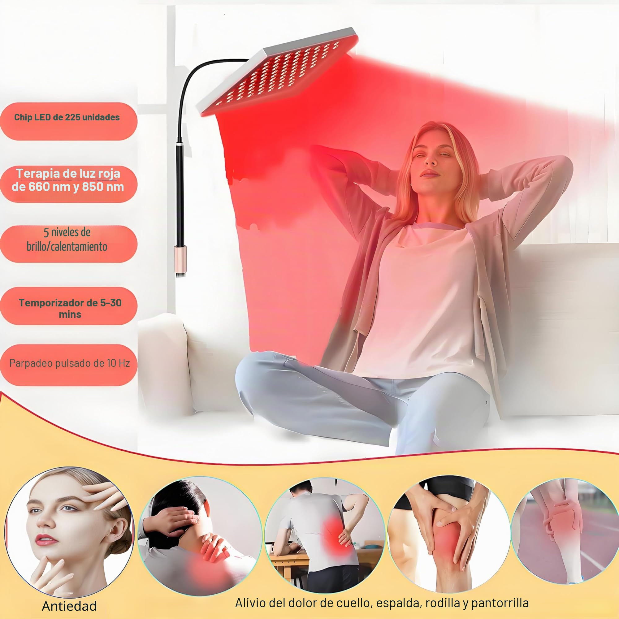 Lámpara de panel de terapia de luz roja de 225 LED, dispositivo de terapia de luz roja infrarroja cercana de 660 nm y 850 nm para cuerpo completo, rostro, cuello, espalda, hombros, cintura y rodillas