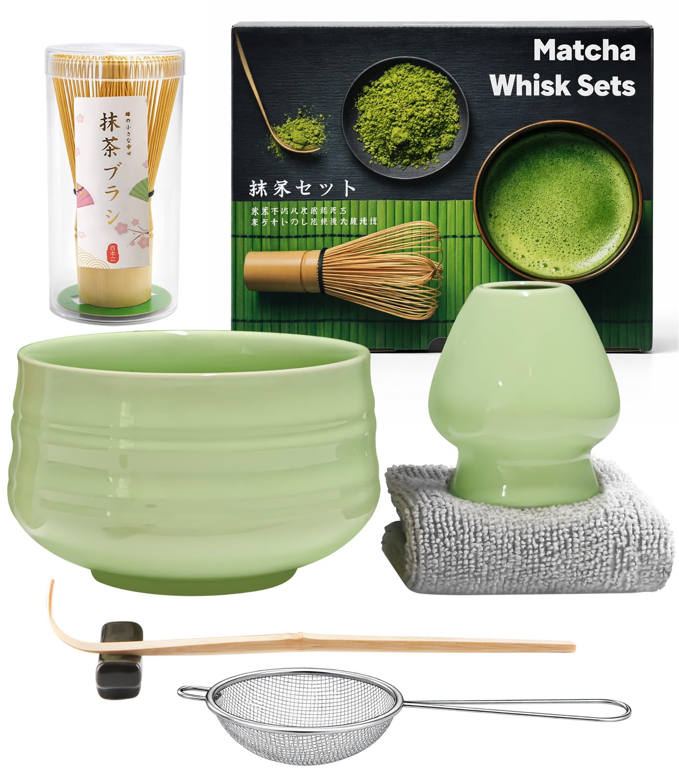 7Pcs Matcha Set,Matcha Tea for Making Breakfast/Latte,Whisk Set and Bowl with All Accessories,Gift for Lover，Light Green Bowl, Bamboo Stirrer