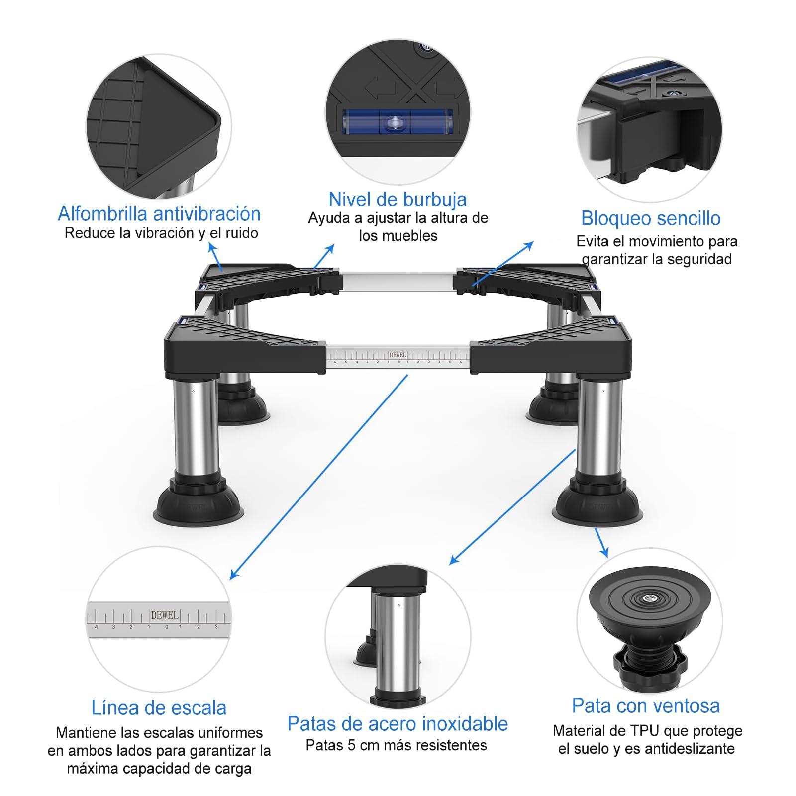 DEWEL Base para Lavadora, Base Ajustable para Lavadora para Frigorífico, Secadora y Congelador, Carga de Oso 300 kg, Ajustable 43-62 cm, 15-18 cm, Negro