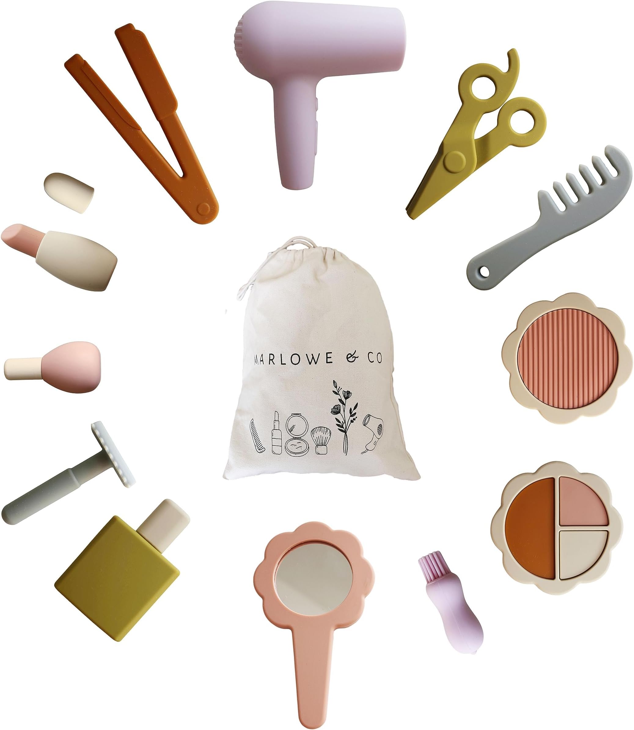 Marlowe & Co Silicone Hair Salon and Makeup Kit for Toddlers and Children, 12 Piece Mess Free Pretend Play Beauty Set for Girls with Storage Bag
