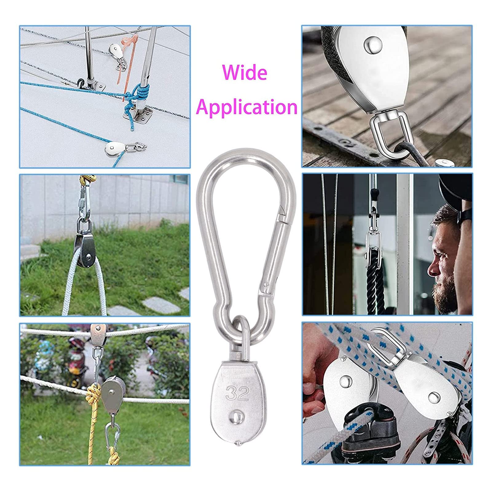 2PCS Blocs de poulie, en acier inoxydable 250kg / 551 lb Roulement avec 2 m12 Spring Snap Hook Anchor Poulle