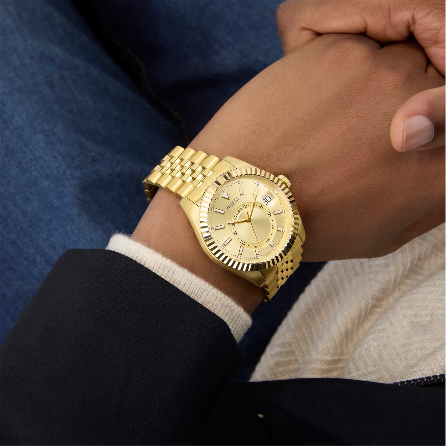 Guess Jaden GW0977G2 - Reloj de Pulsera para Hombre con indicador de Fecha, Correa de Acero Inoxidable, Cristal Mineral, Esfera Dorada, 3 Bares, diámetro de la Caja: 42 mm