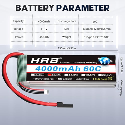 Miniatura 2 de HRB 2 baterías Lipo de 11.1 V 4000 mAh, 3S RC Lipo de 60 C para RC coche/camión, E-Maxx sin escobillas, E-Revo sin escobillas y Spartan, para