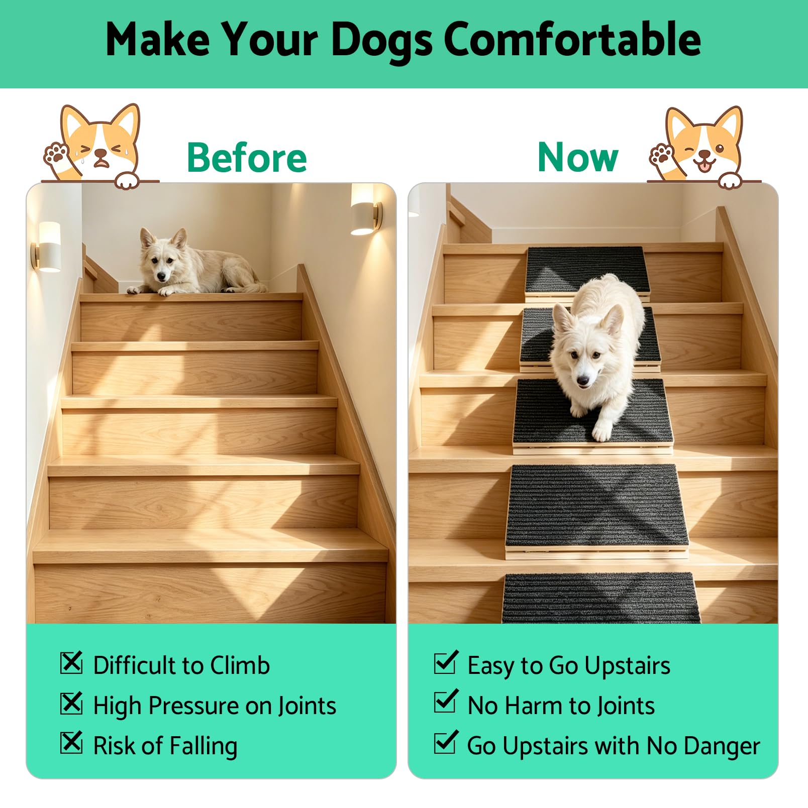 Lot de 4 rampes pour chien, réglables en hauteur, avec surface de tapis antidérapante et rembourrage, en bois, pour petits et grands chiens