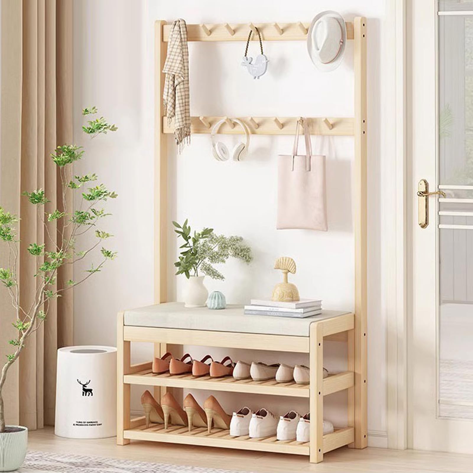Meuble d entrée avec banc à chaussures en bois et porte-manteau à crochets pour couloir