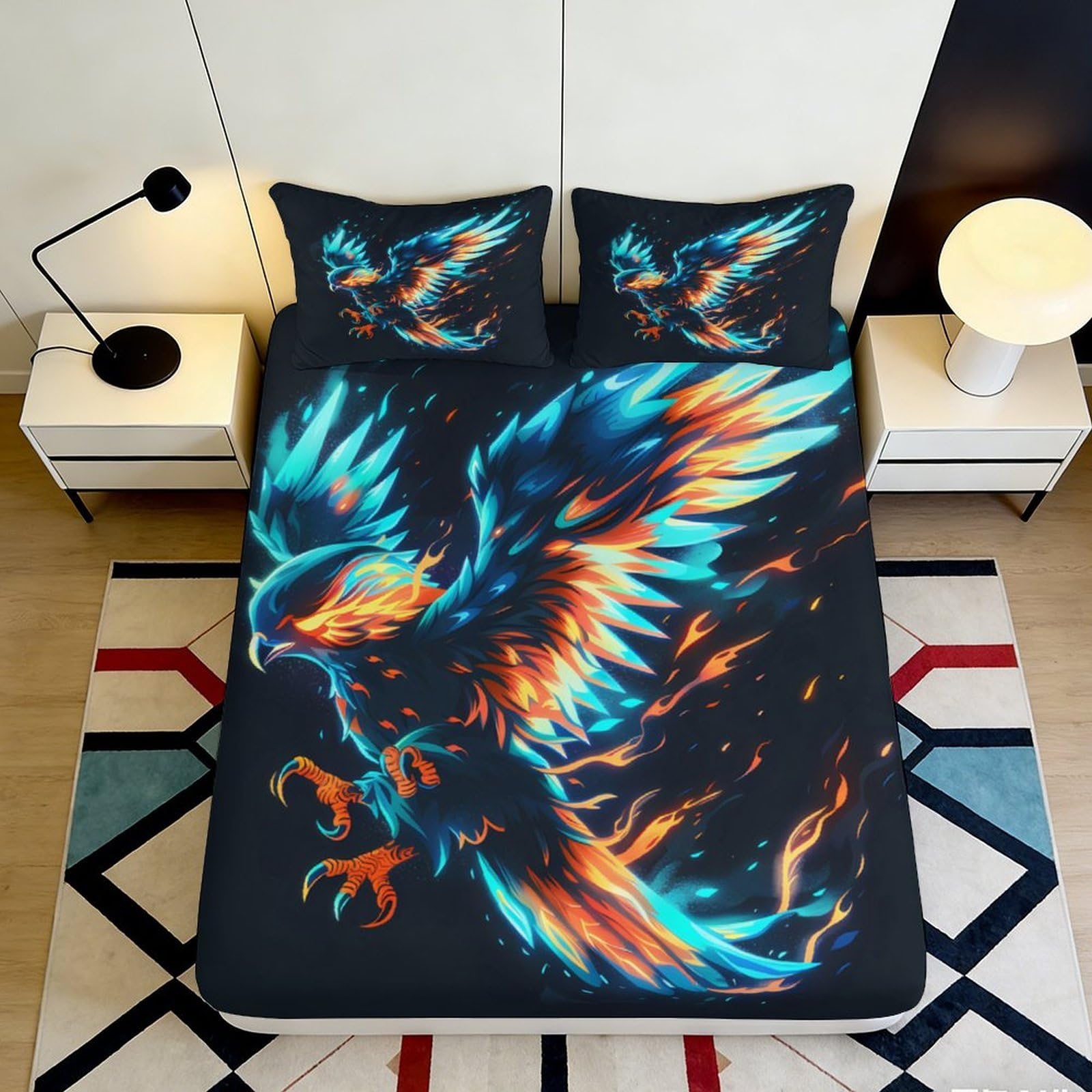 3D Printed Flaming Phoenix Fitted Sheet Microfiber Soft Durable Blue Orange Bed Cover for Bedroom Dormitory Guest Room Mattress Protection 90x200x25cm