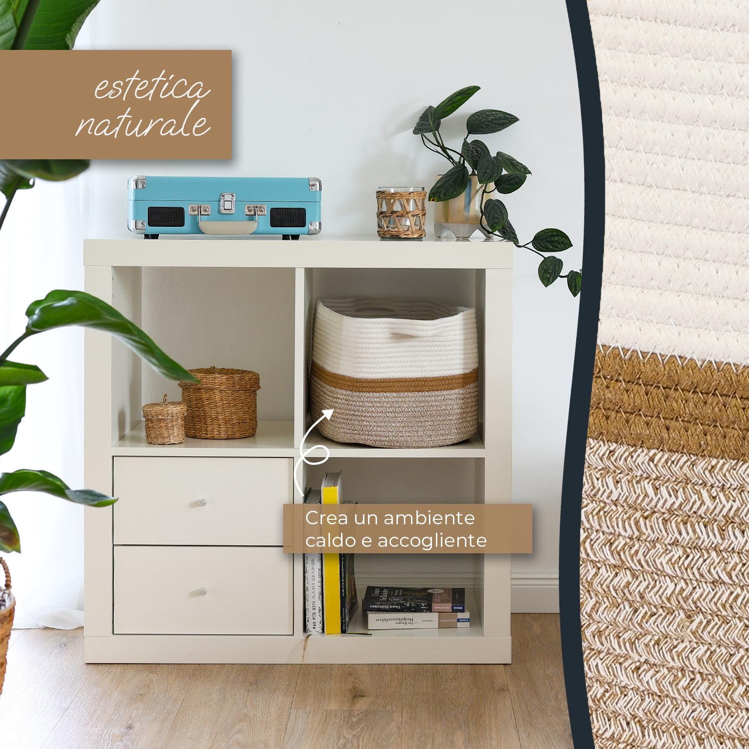 Cestino portaoggetti HMF con manici allungati, cestino in cotone | 36 x 30 x 25 cm | Bianco-Marrone