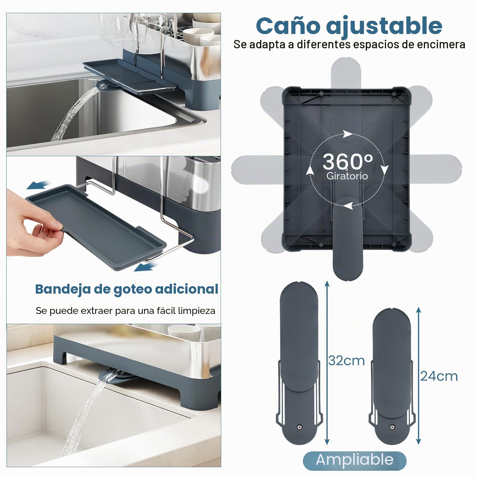 KOMFOTTEU Escurridor para Platos de Acero Inoxidable, Escurreplatos de 2 Niveles con Bandeja de Goteo, Cubo de Cubiertos, Portavasos, Estante Organizador de Cocina, 57 x 32 x 39,5 cm